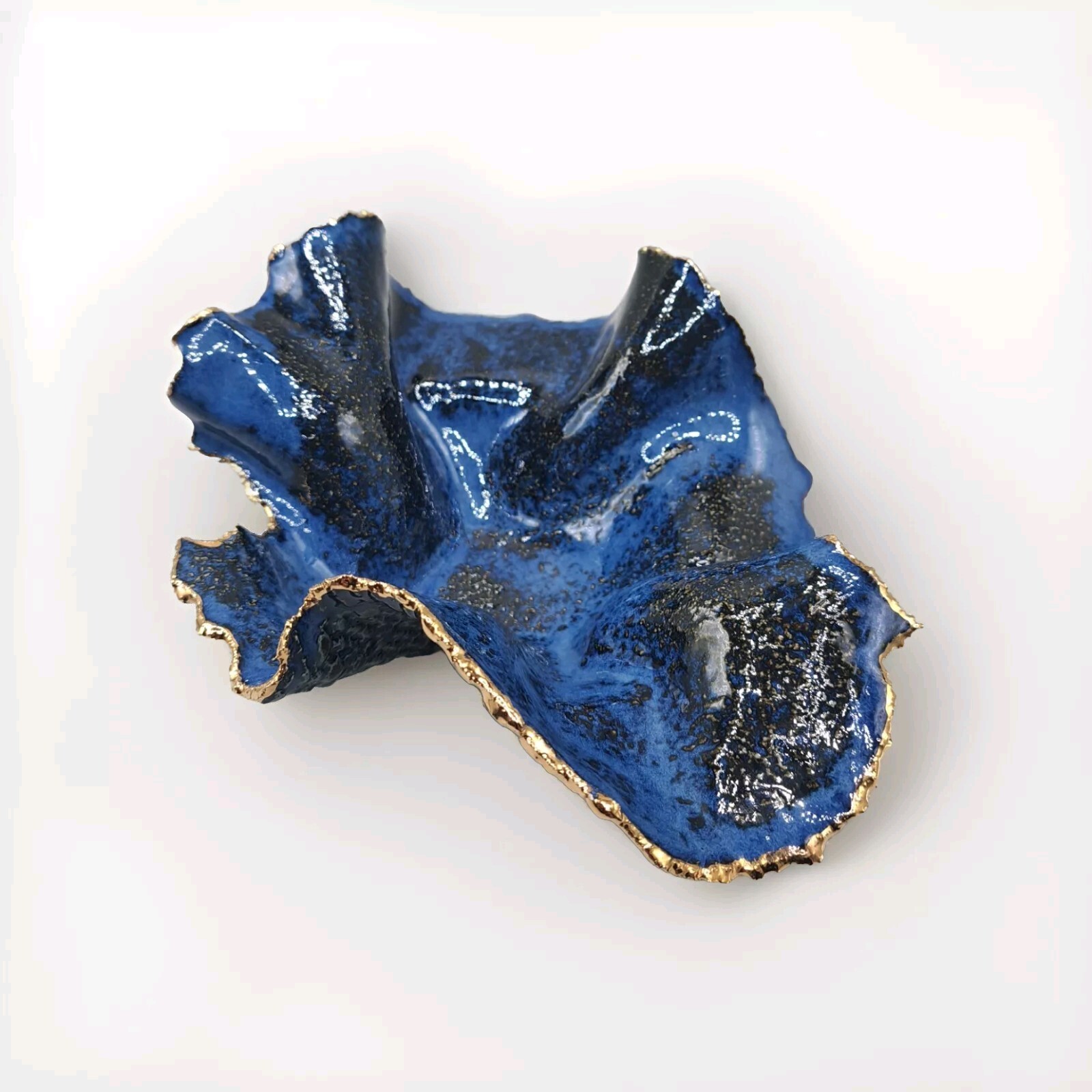 Freeform handkerchief Pottery Bowl Blue Unsigned Cobalt/Gold Trim OrganicTexture