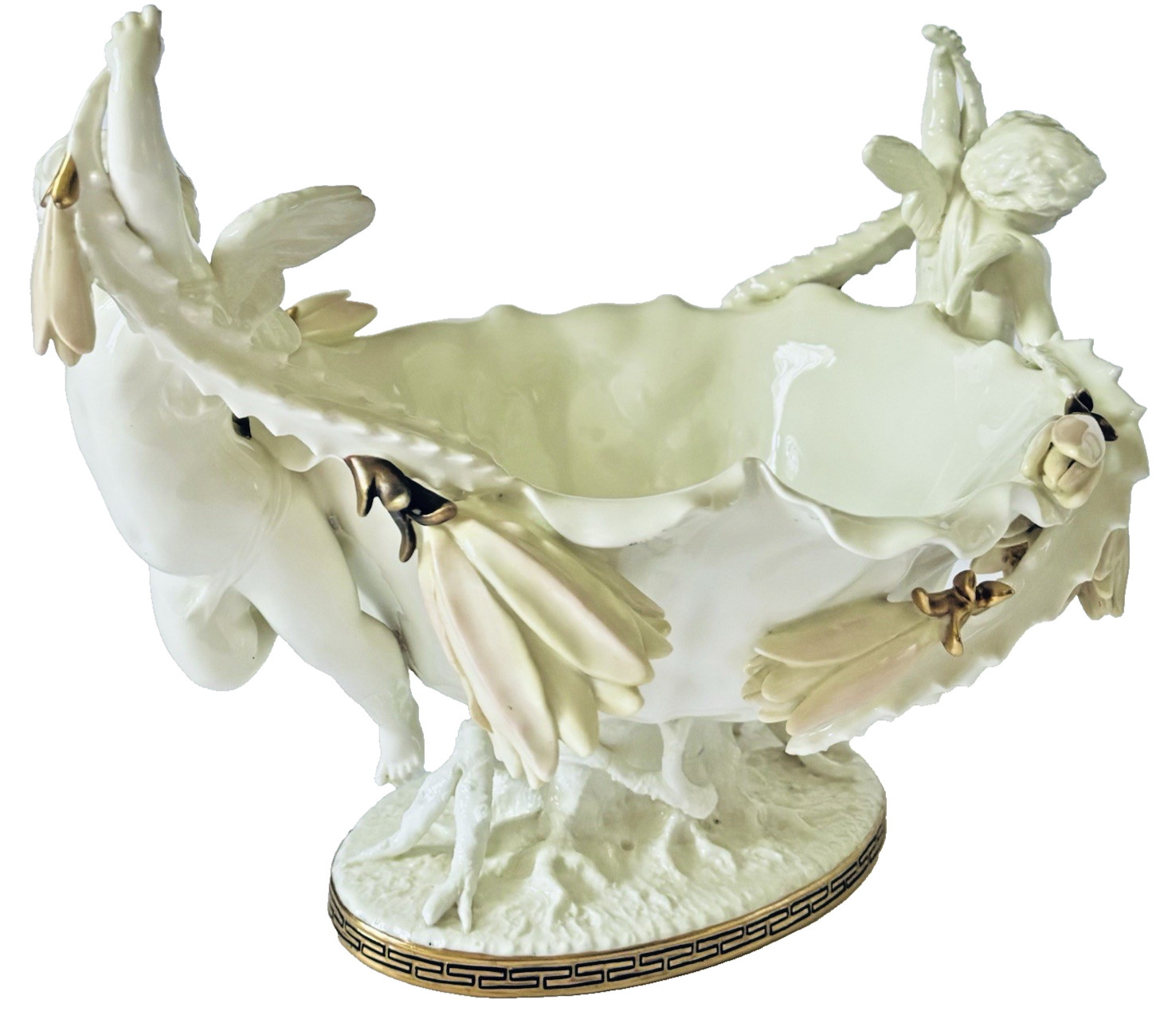 Antique Moore Bros. English Porcelain Cactus Flower Double Cherub Centerpiece