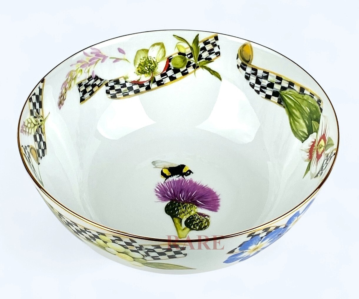 MacKenzie Childs Thistle & Bee Courtly Check 9″ x 4″ Serving Bowl New Portugal