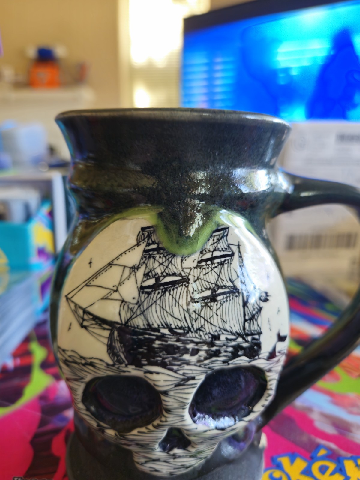 Scrimshaw Pottery Art Pottery Skull Ship Mug 16 oz Glossy Handle Black