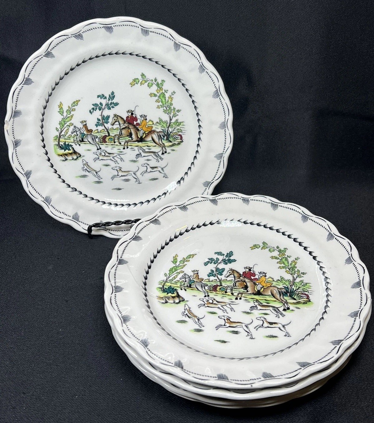 6 Rare ATQ Vintage 1920’s Booths Hand Painted Liverpool Hunt Plates A 8090 6.75”