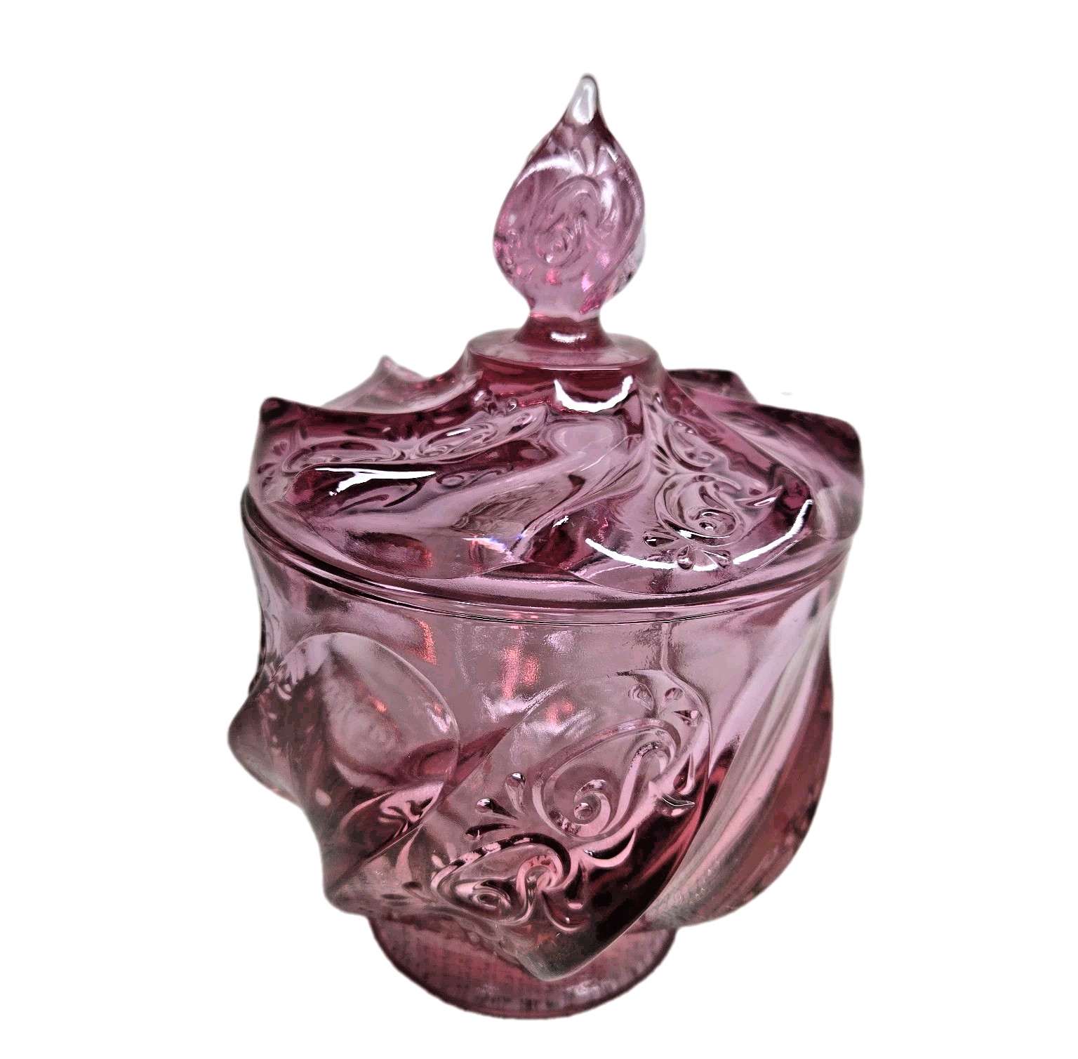 Vintage Fenton Pink Dusty Rose Paisley Swirl Candy Dish w/Lid & Sticker EUC 7.5″