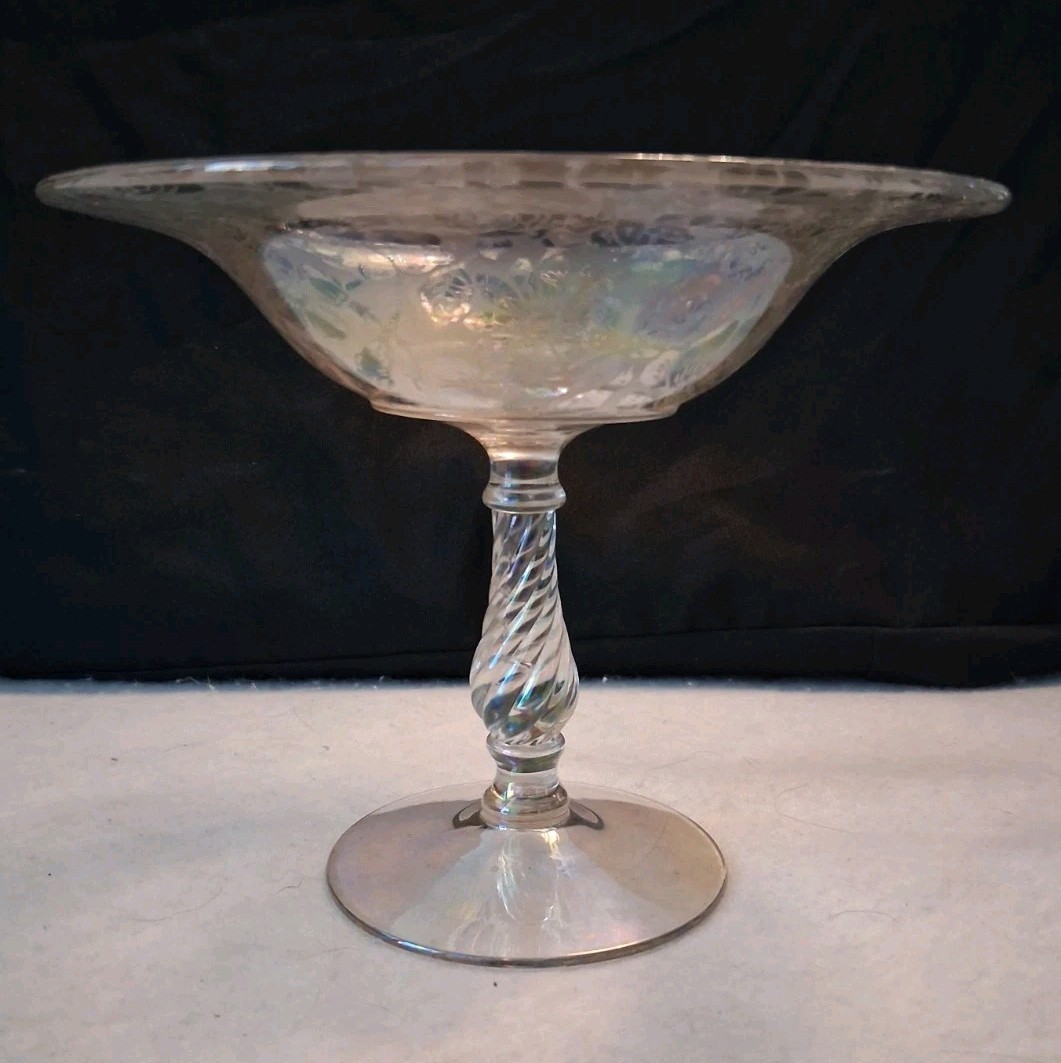Vintage Fostoria Paradise Iridescent Brocade orchid tall compote candy dish