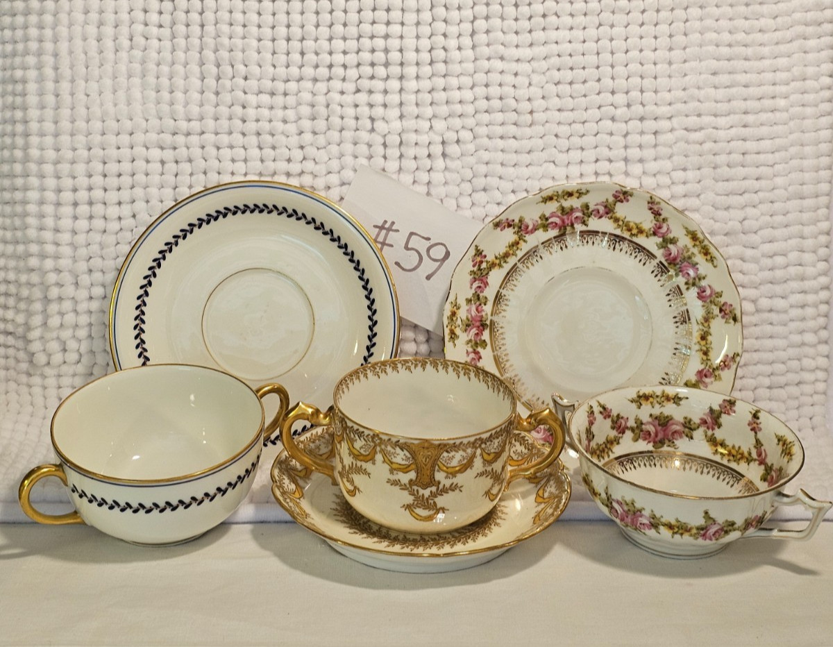 Bouillon cups w/ saucers, set of three, vintage china, Haviland, Vignaud, Saxe