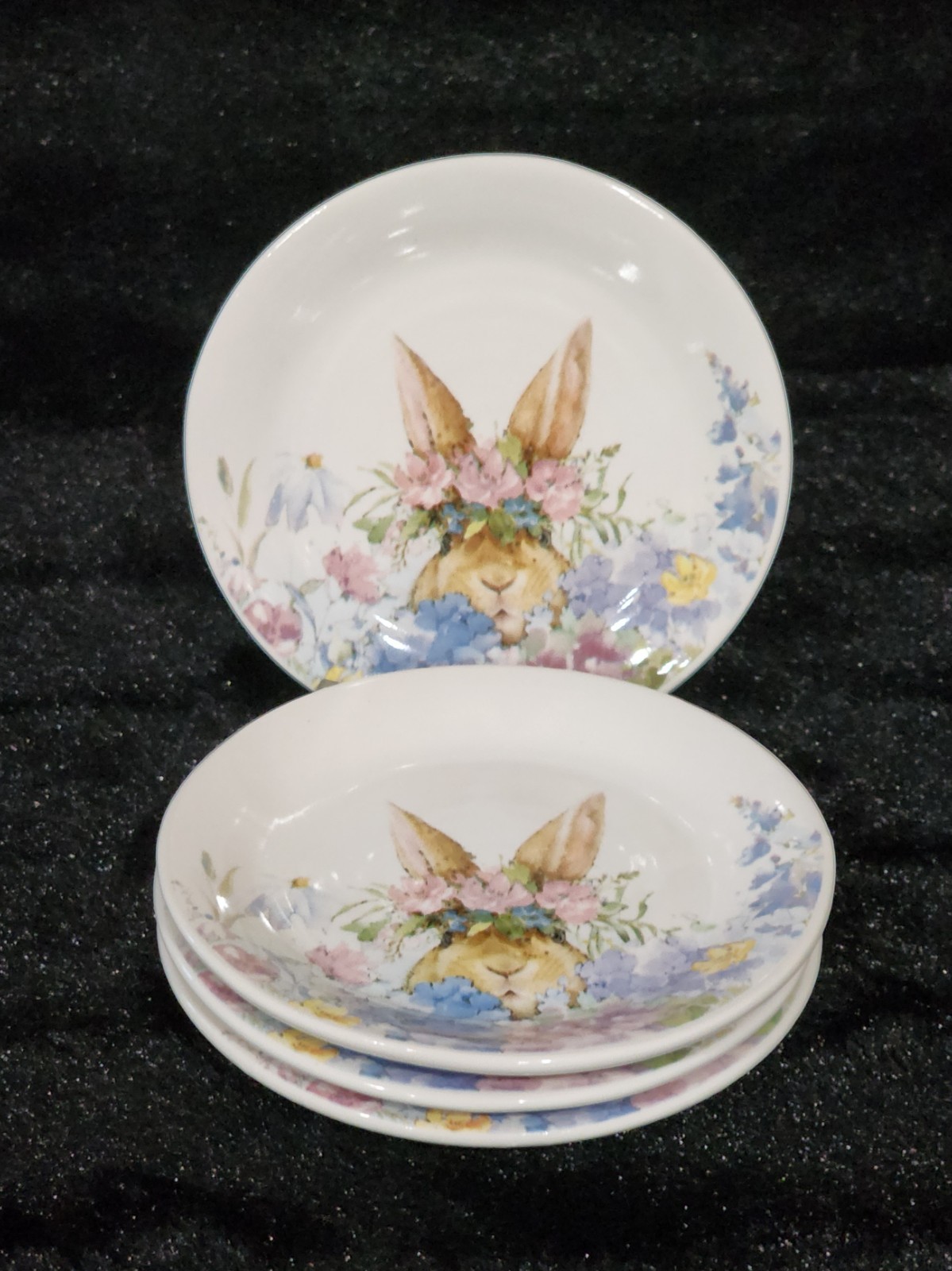 4 Watercolor Peeking Bunny Flowers Tidbit Plates 4″ Ceramic Easter Flower Crown