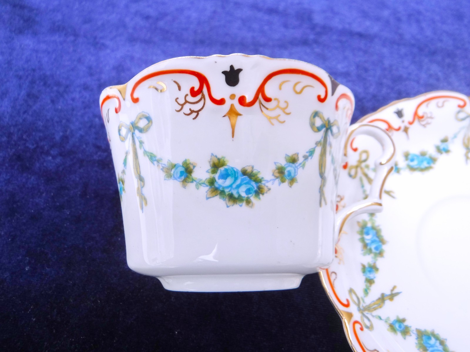 Collingwood Turquoise Ribbons, Bows & Swags of Roses Edwardian Tea Trio with