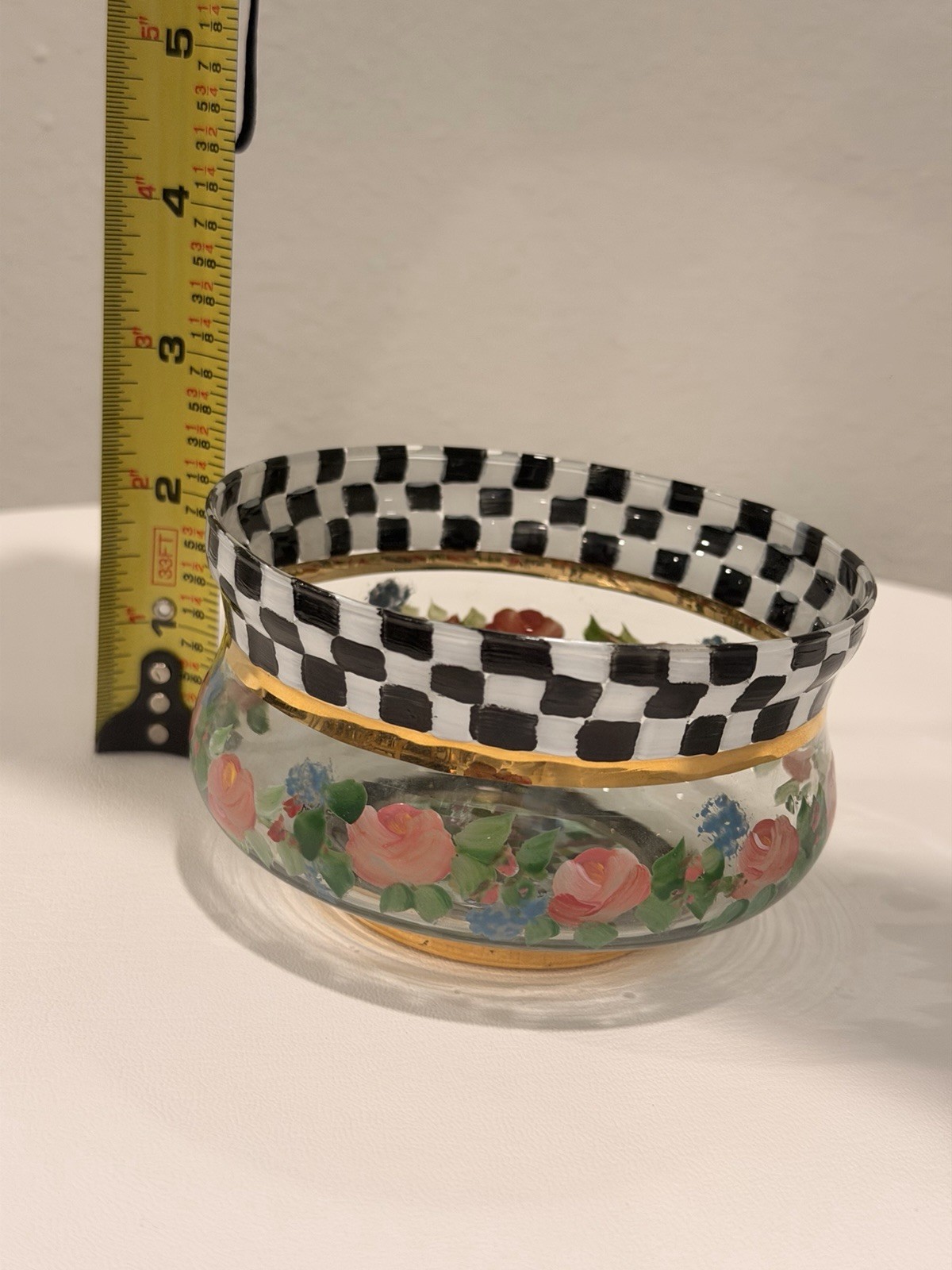 MacKenzie-Childs 1983 Courtly Check Circus Rose Hand Painted Floral Glass Bowl