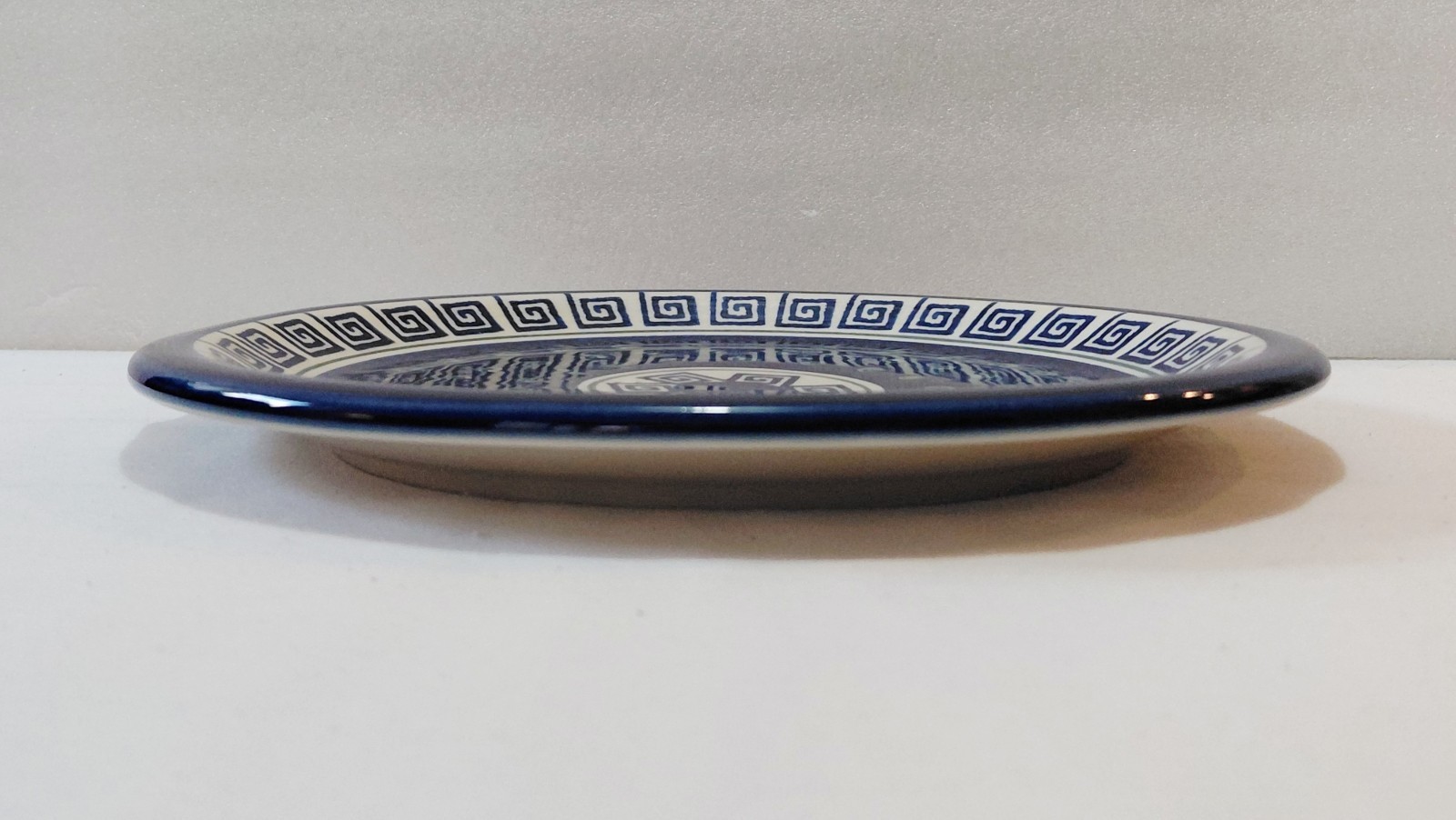 Boleslawiec Dinner Plates 11″ Greek Key Peacock Polish Pottery Blue White Set 4