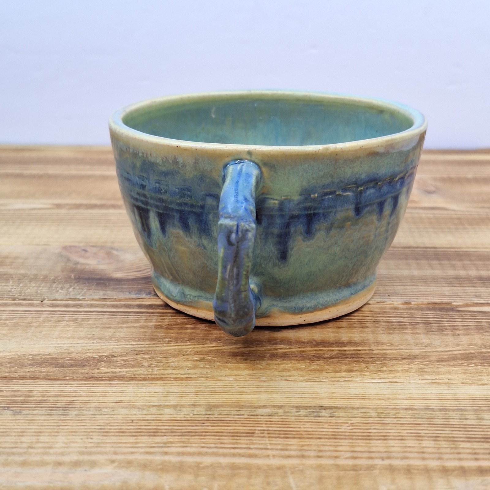 Vintage Hand Made Pottery Mug Signed Green Blue Neat Handle Signed