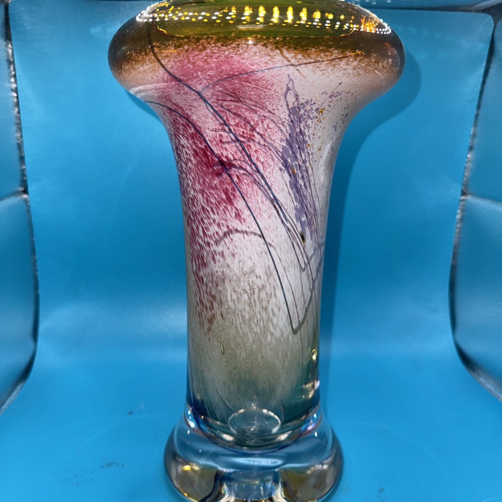 Stunning EARL O. JAMES Art Glass Vase Vintage Signed 10.5” Tall Abstract Colors