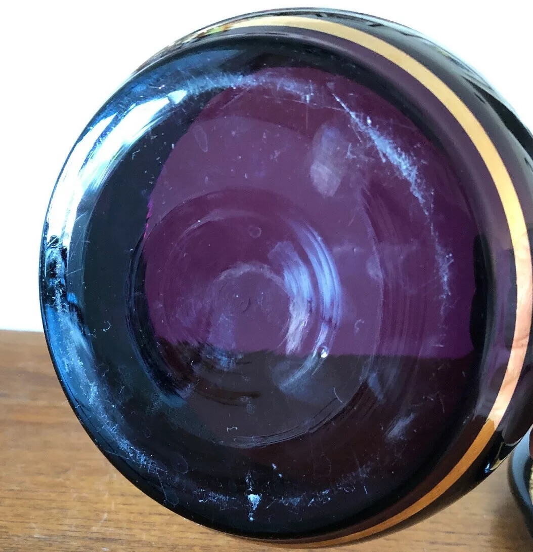 Vintage 1950s Bohemia Czech Purple Amethyst Glass Candy Dish W/ Lid Silver Gold