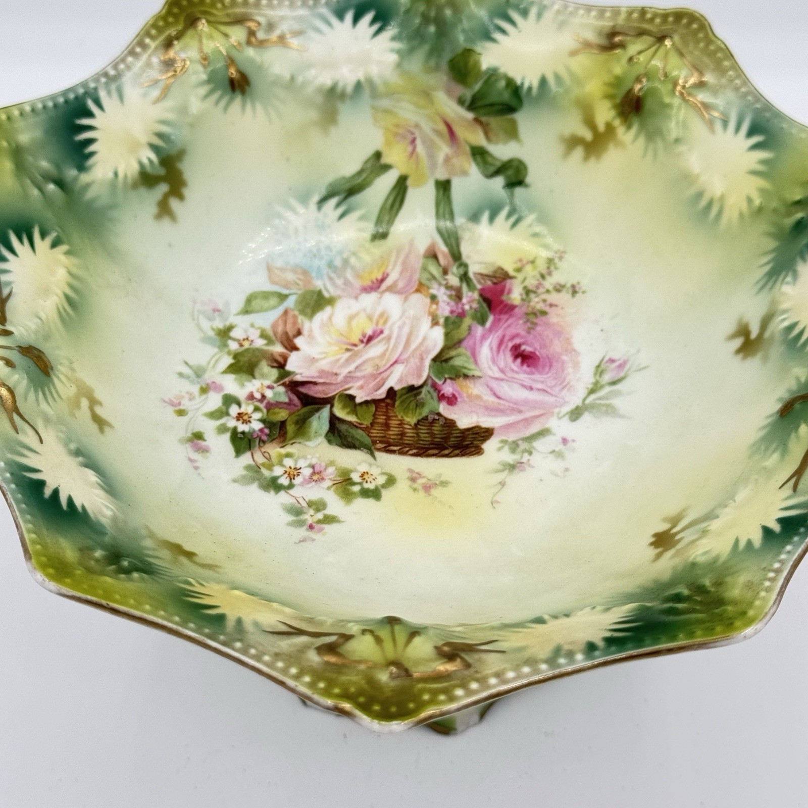 RS Prussia Pedestal Bowl Roses Green Pink Basket Gold Antique Porcelain- READ