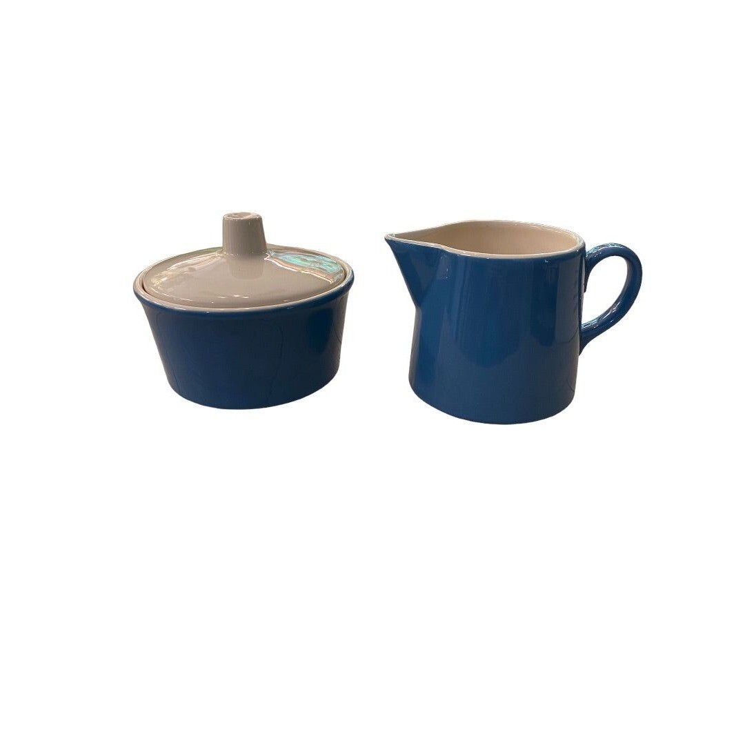 Blue White Ceramic Creamer and Lidded Sugar Bowl Midcentury Style