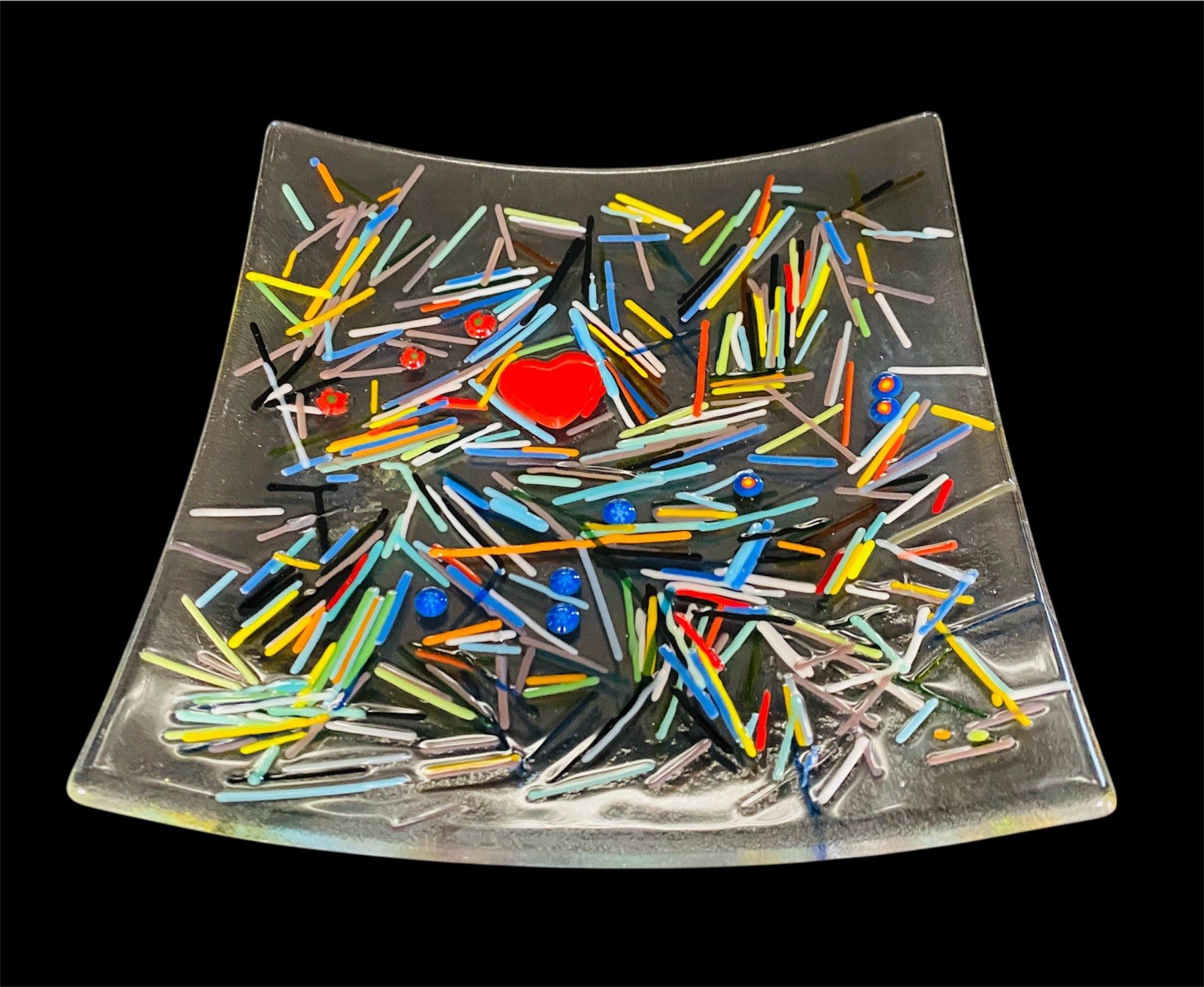 Handcrafted Fused Art Glass Plate Dish Abstract Multicolor Confetti & Red Heart