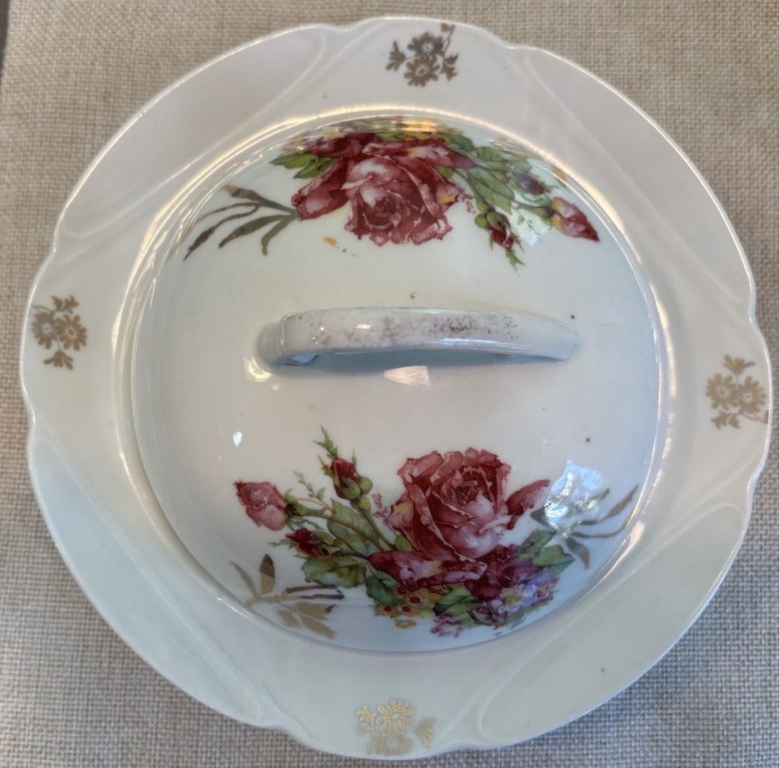 RS Prussia Hand Painted Porcelain Creamer, Butter Dish + Lid & Bud Vase Floral