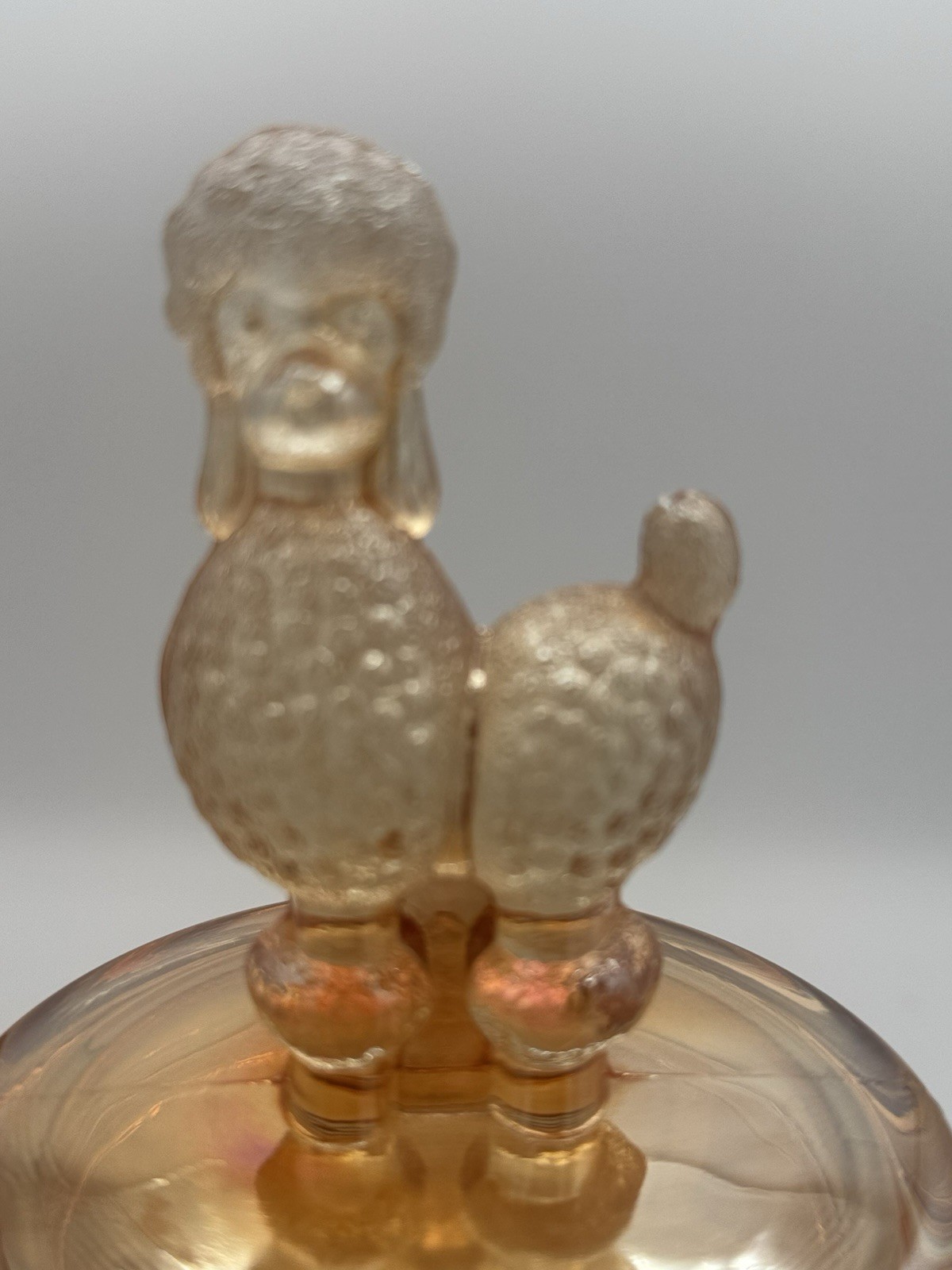 Vtg Jeannette Marigold Carnival Glass Powder Jar Set – Poodle/Deer/Terrier Lids