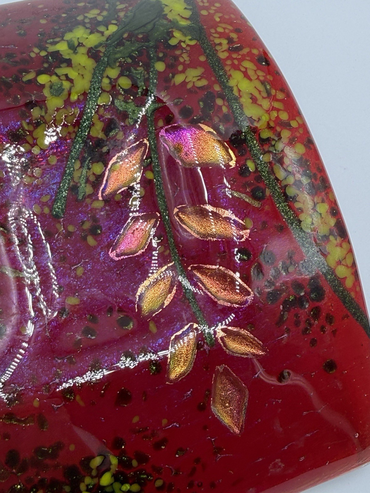 Fused Art Glass Red Green With Iridescent Leaves Rectangle Curved Decor Signed