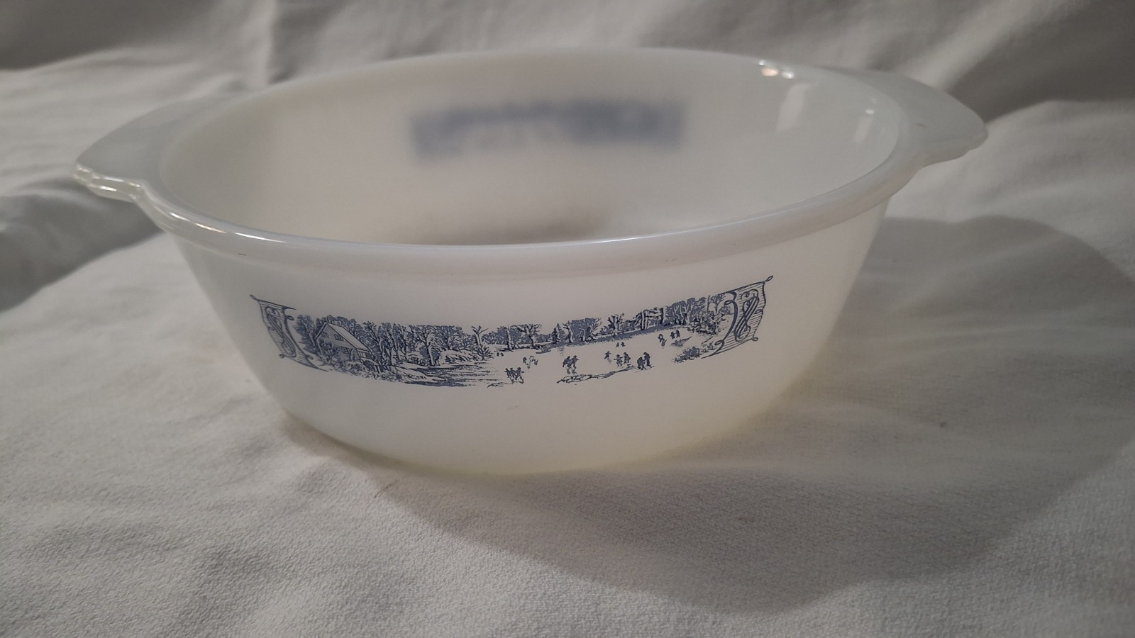 Vintage Glasbake Milk Glass Casserole Dish 1.5 Quart No Lid Currier & Ives