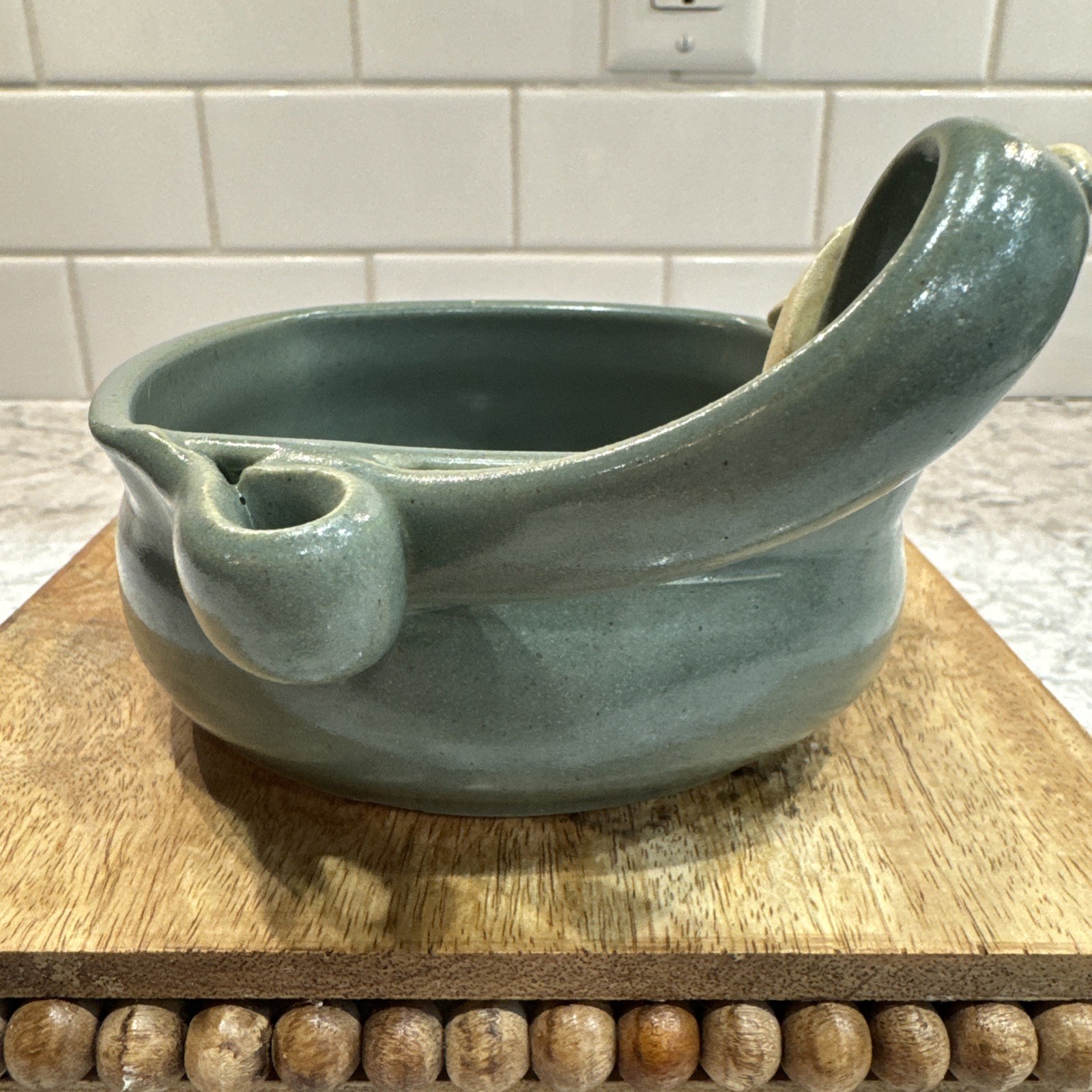 Elaine Lamb Mud Mothers Studio Pottery Bowl Applied Lilies Handle Gray Blue Tan