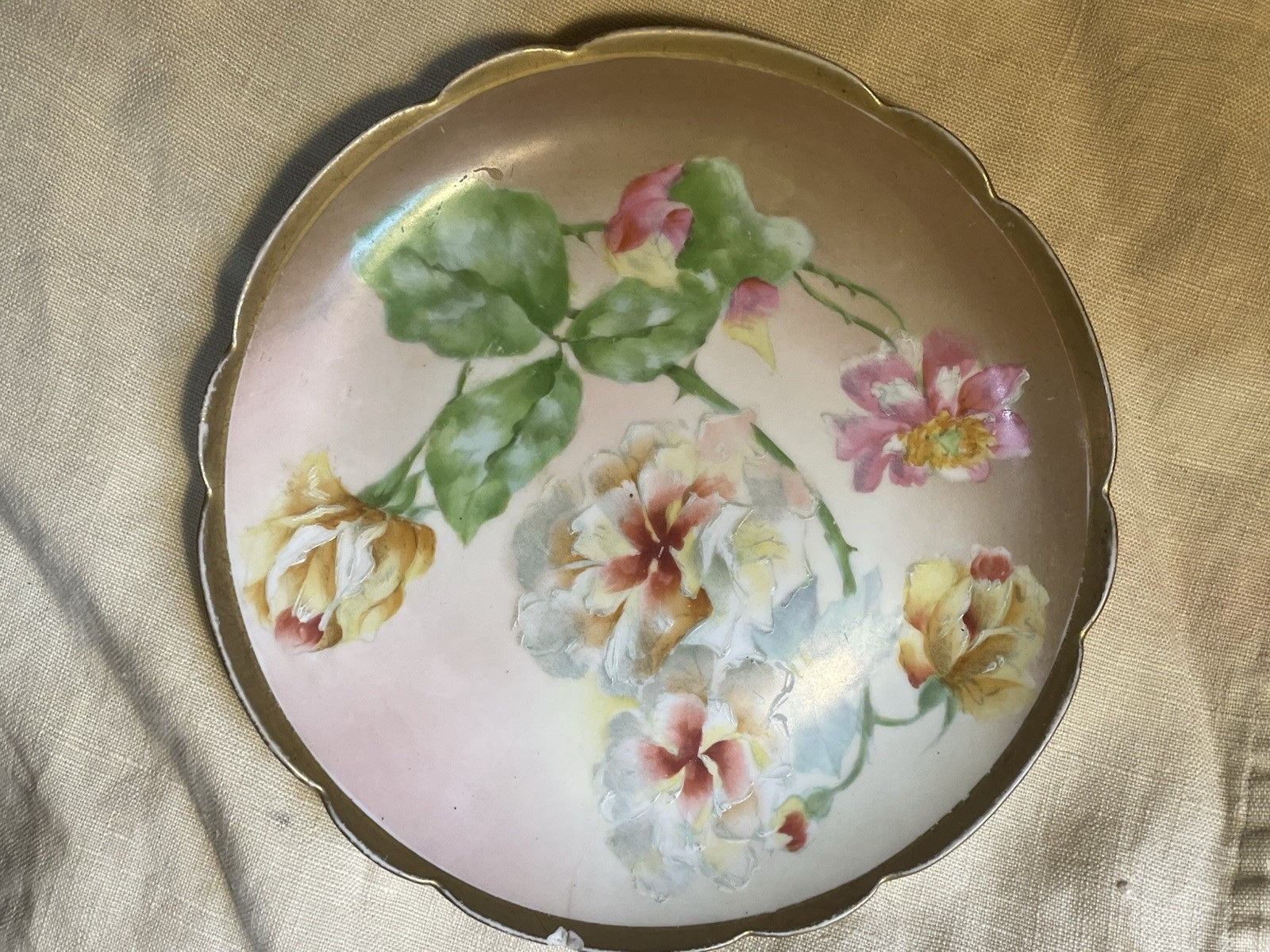Limoges 7.75” Coronet France Hand Painted Rose Pansy Plate w/ Small Chip