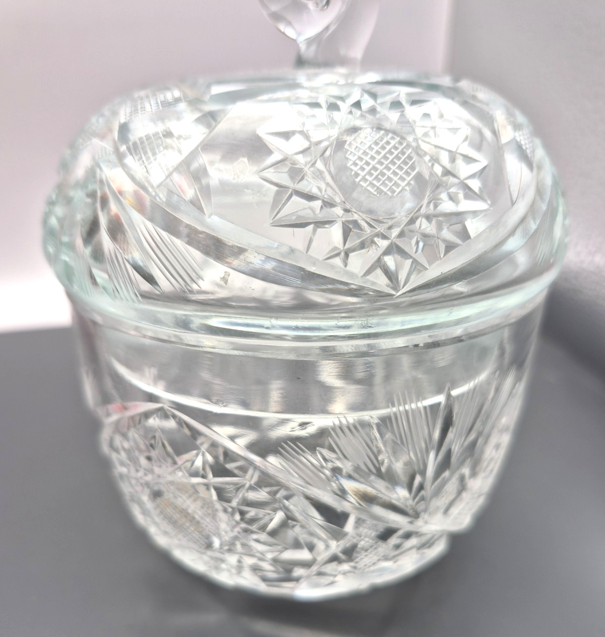 Vintage Clear Cut Lidded Candy Dish Starburst Pattern 6″ Tall EUC
