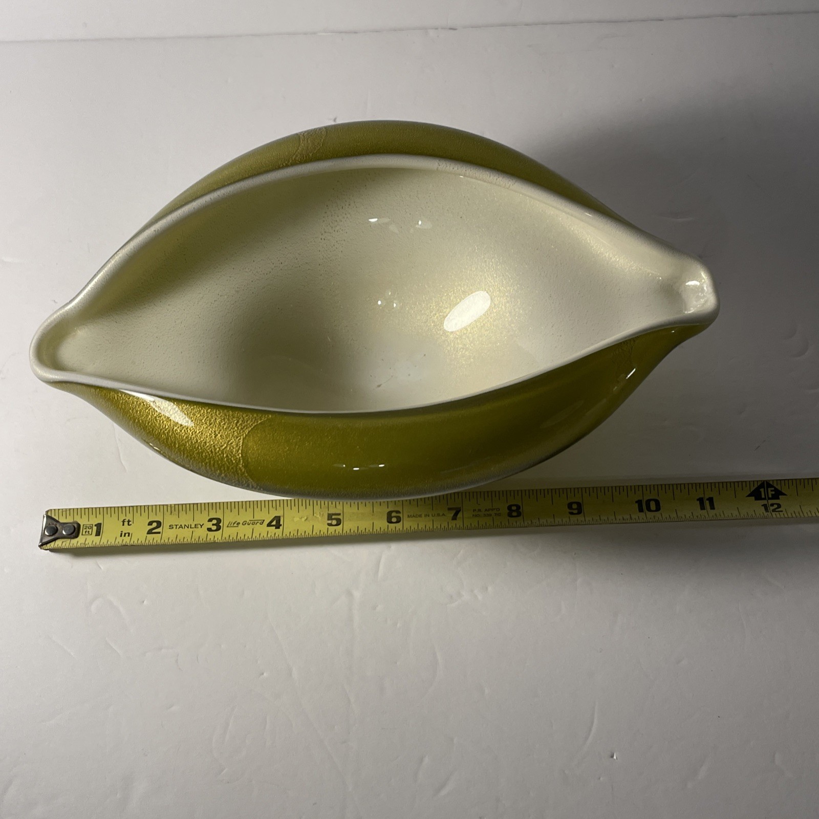 Mid Century Murano Olive Green Gold Fleck Leaf Barbini? Large Modernistic Bowl