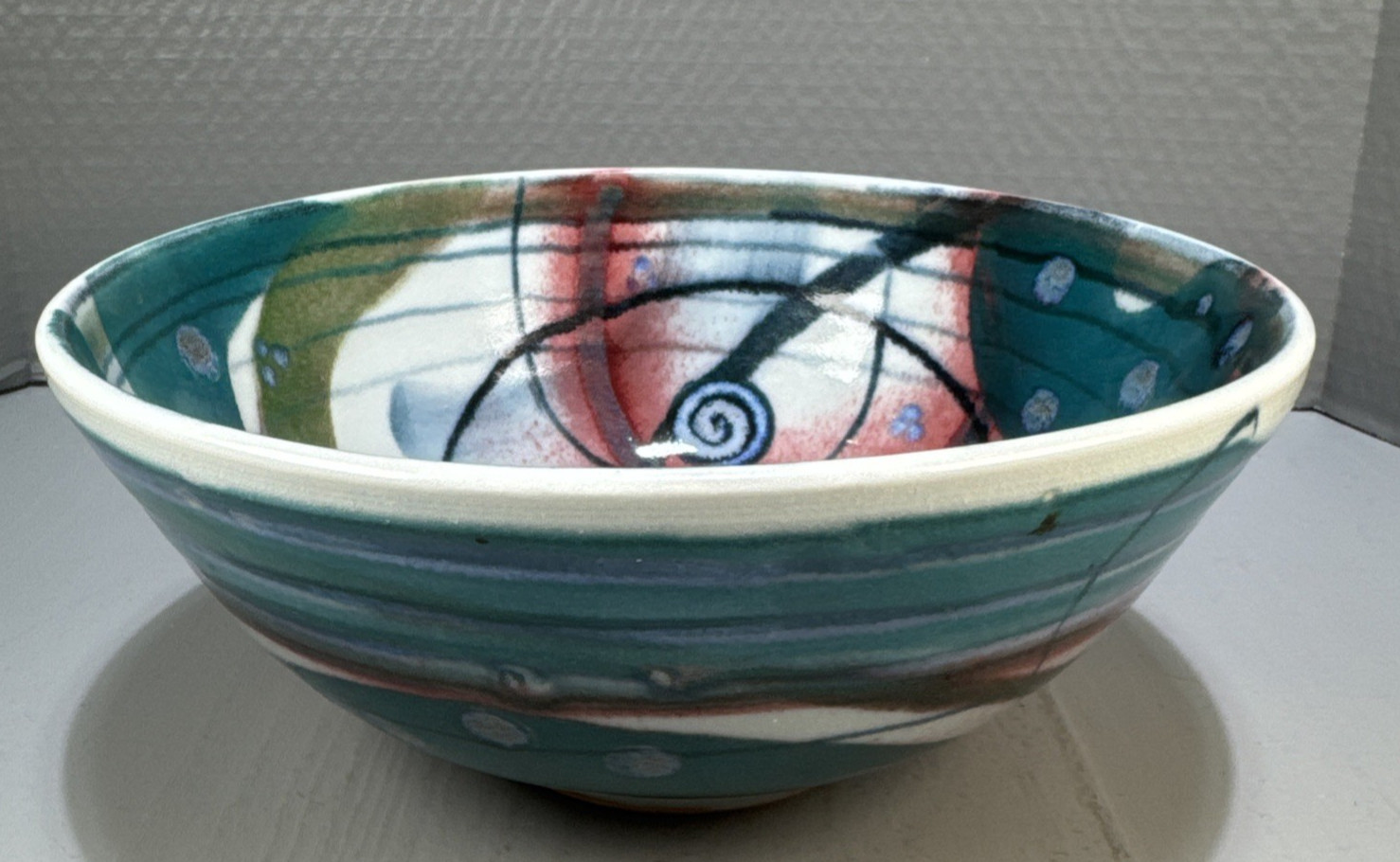 Studio Art Pottery Abstract Design Colorful Blue Green Red Artisan Signed 10″
