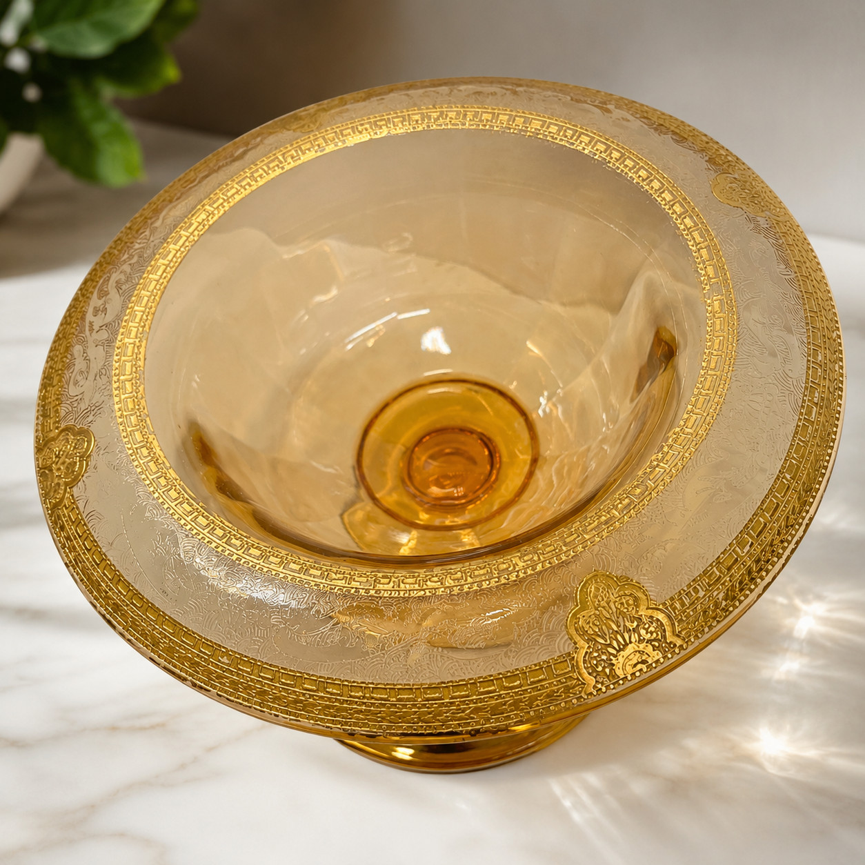 Vintage Amber Glass Pedestal Compote with Rolled Gold Decorative Rim
