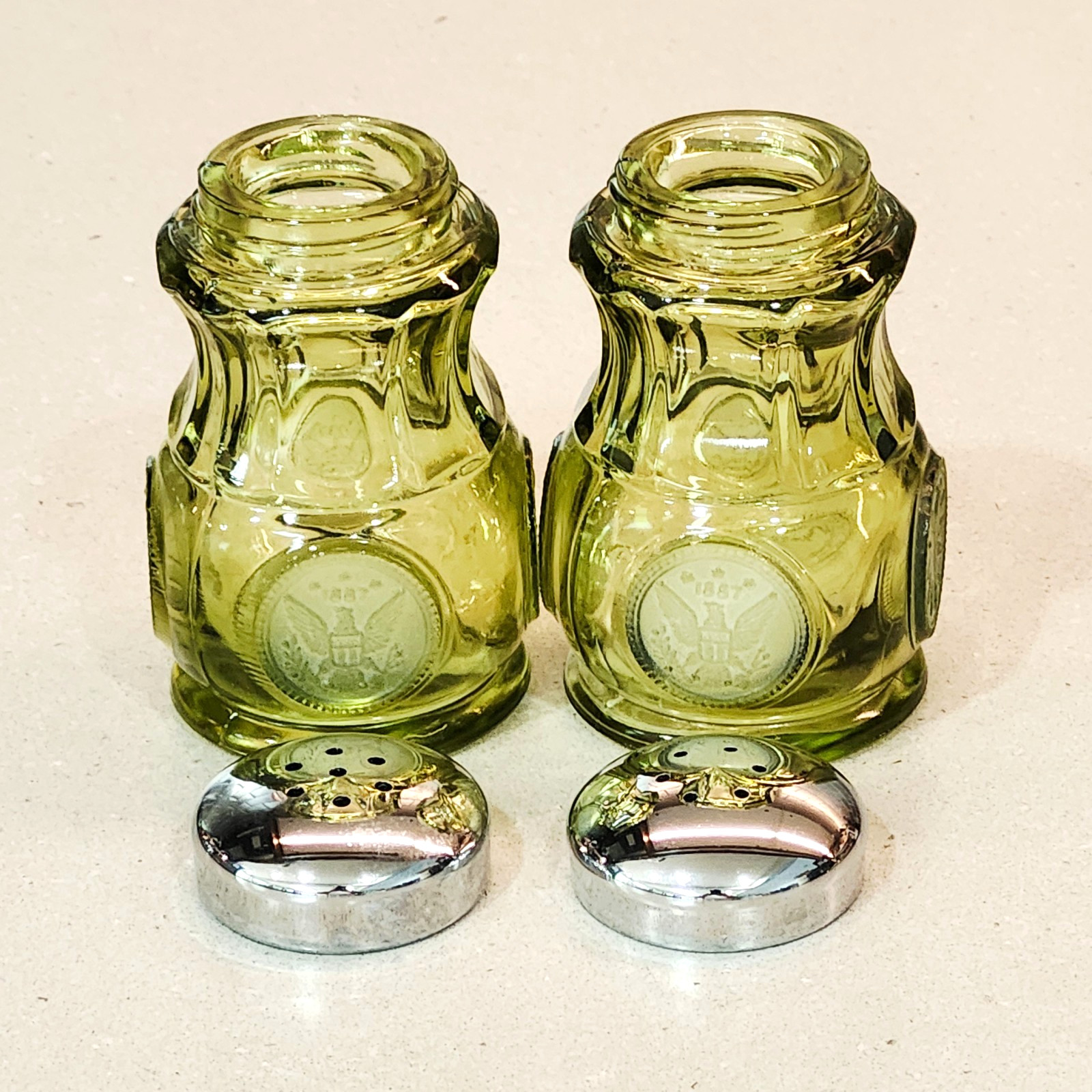 Vintage Fostoria Olive Green Glass Coin 3” Tall Salt & Pepper Shakers