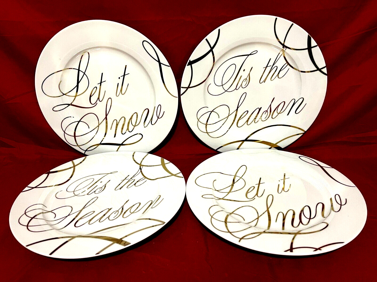 Holiday Home White & Gold Christmas 4 Dinner Plates Let It Snow & Tis The Season