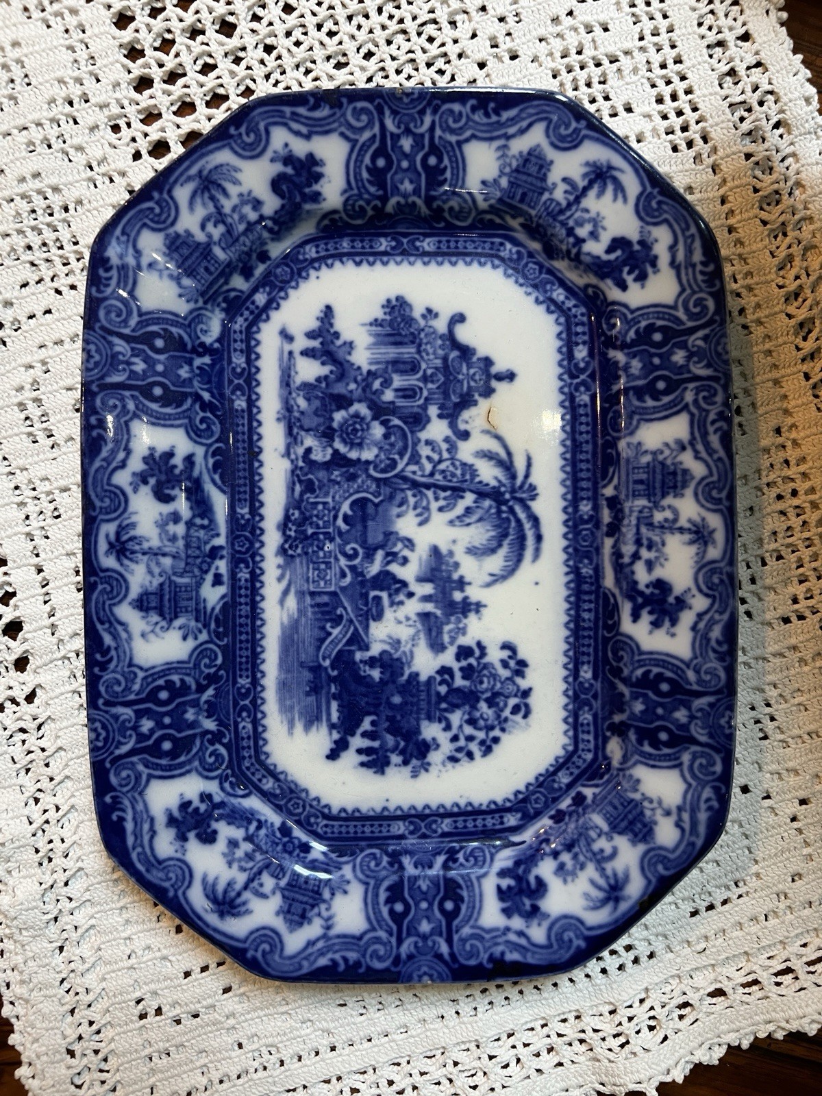 W Adams & Co. KYBER Flow Blue Transferware 7.5”x 10” Octagon Platter 1879-1910