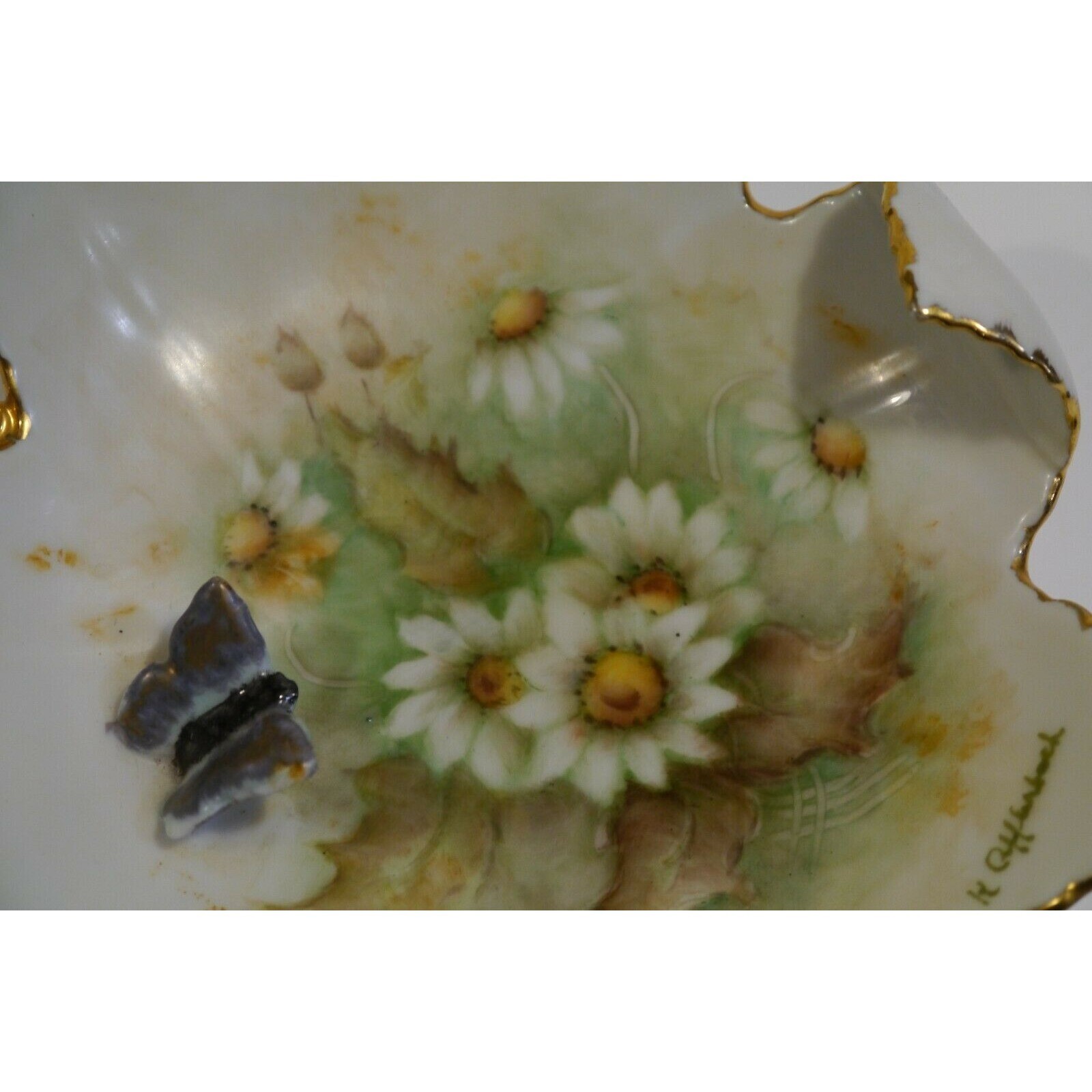Trinket Dish Hand Painted Porcelain Flower Applied Raised Butterfly signed Vntg