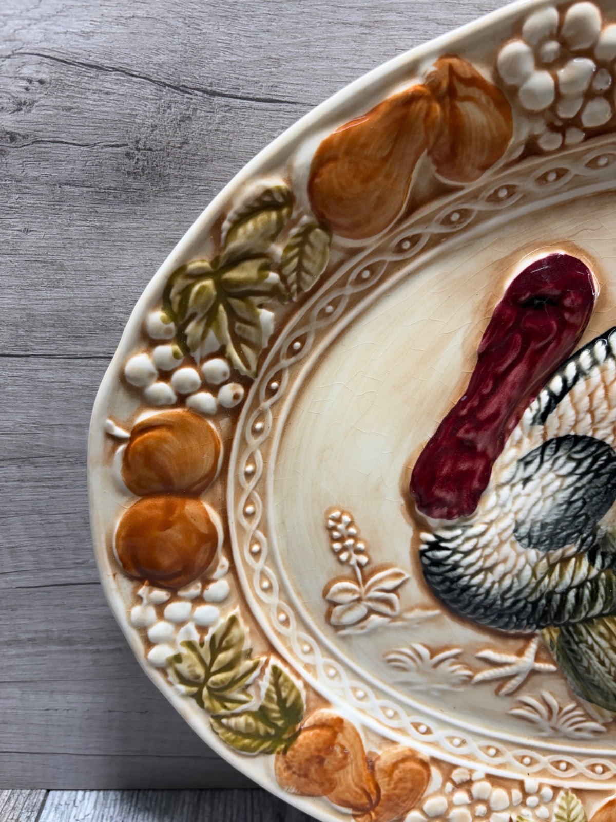 Vintage Sakakibara MCM Turkey Platter Oval Ceramic Embossed Hand Painted Japan