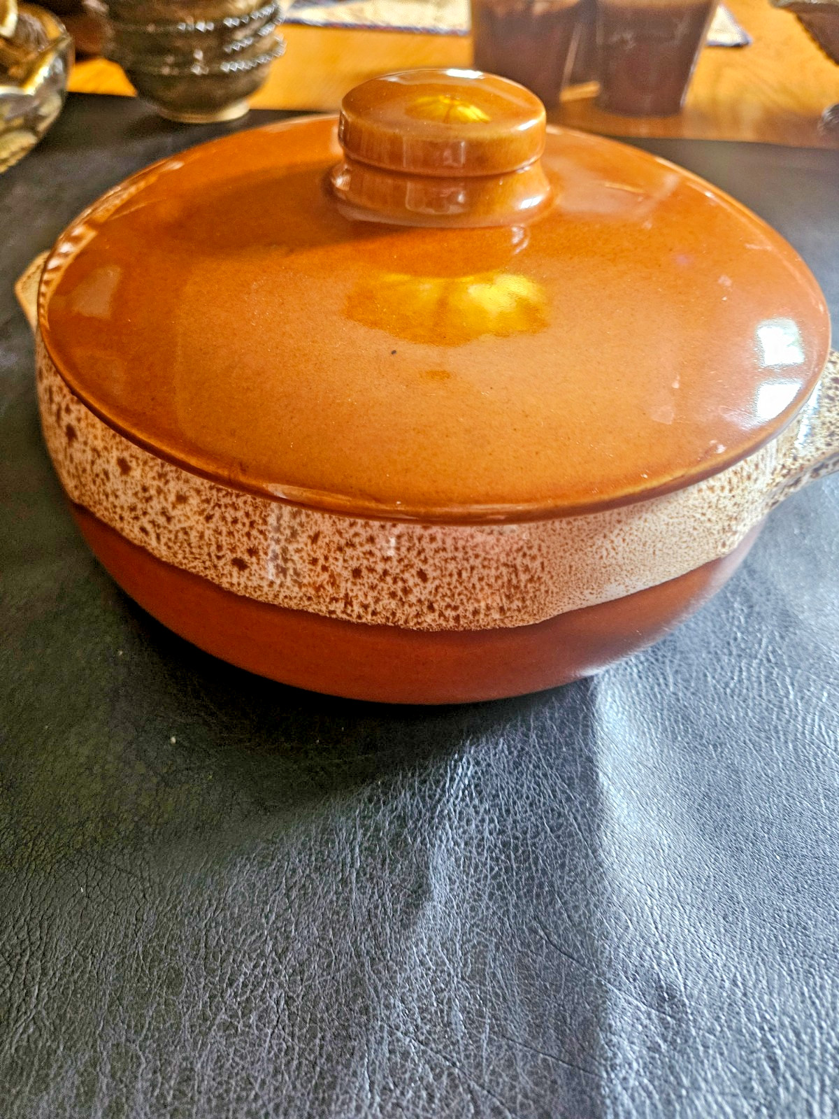 Vintage USA Pottery Stoneware Covered Casserole Dish Drip Glaze Brown Tan