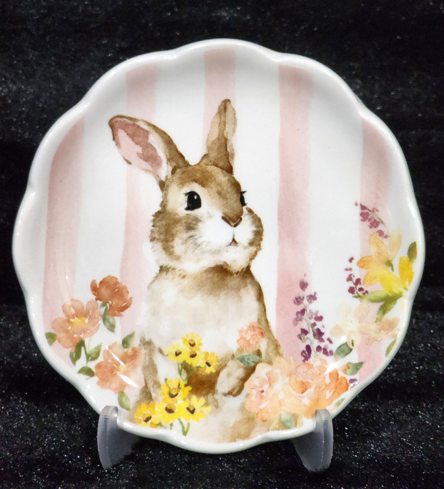 4 Pink White Floral Bunny Striped Tidbit Plates 4.4″ Ceramic Easter Watercolor