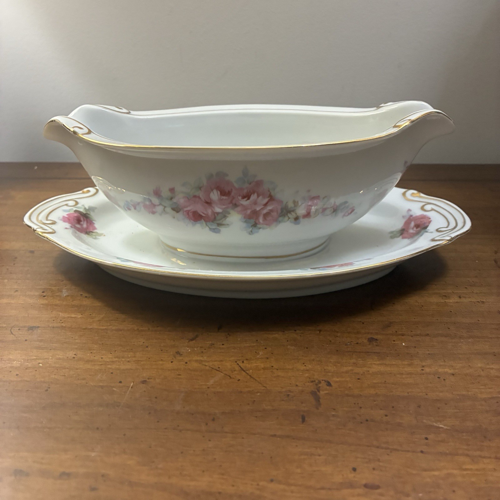 Vintage Fine China Corona Gravy Dish W Saucer Pink Roses Made In Occupied Japan