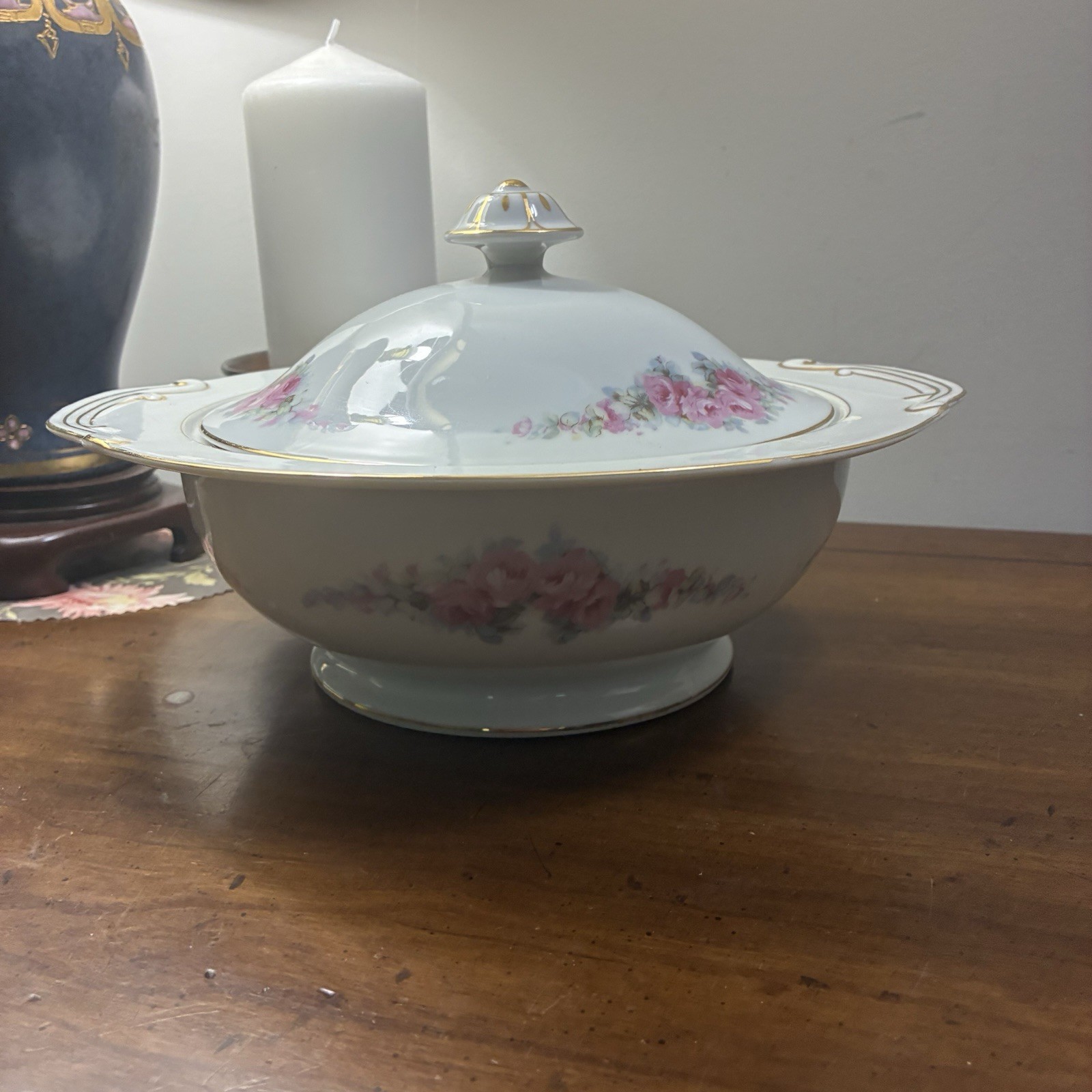 Vintage Fine China Corona Serving Bowl W Lid Pink Roses Made In Occupied Japan