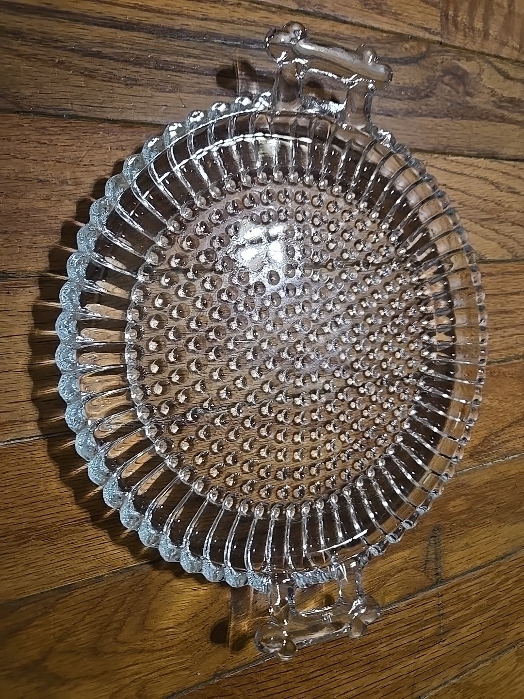 Hobnail Clear Glass Plate round with Handles, 10″ handle to handle. 8″ diameter