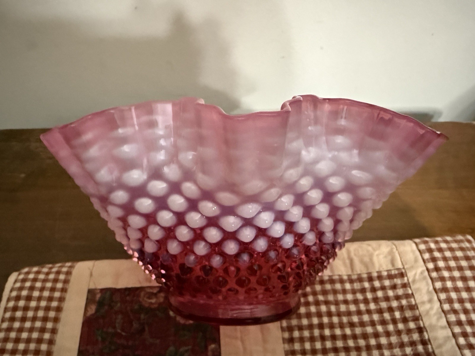 Vintage Fenton Cranberry Opalescent Hobnail Ruffled Bowl 9 & 1/2 inches wide
