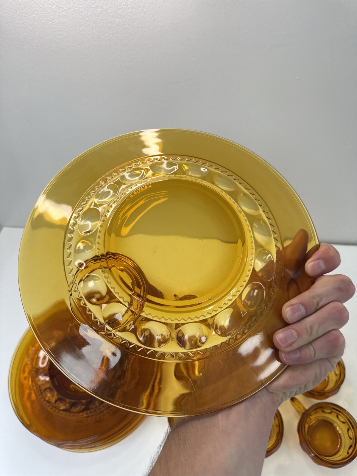 VTG 12pc Kings Crown Thumbprint Indiana Amber Glass Dinner Set Glasses & Plates