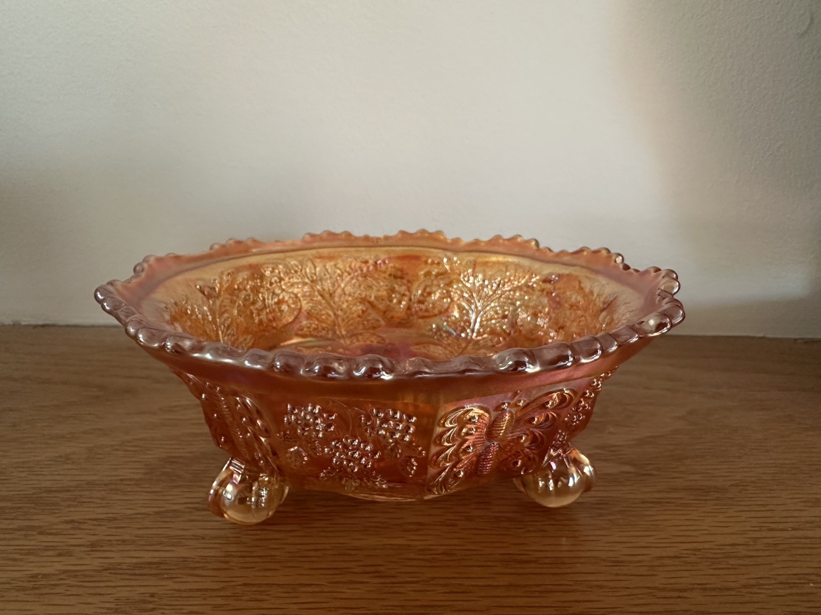 Fenton Marigold Carnival Glass Panther Fern Footed Console Bowl 5″ Antique