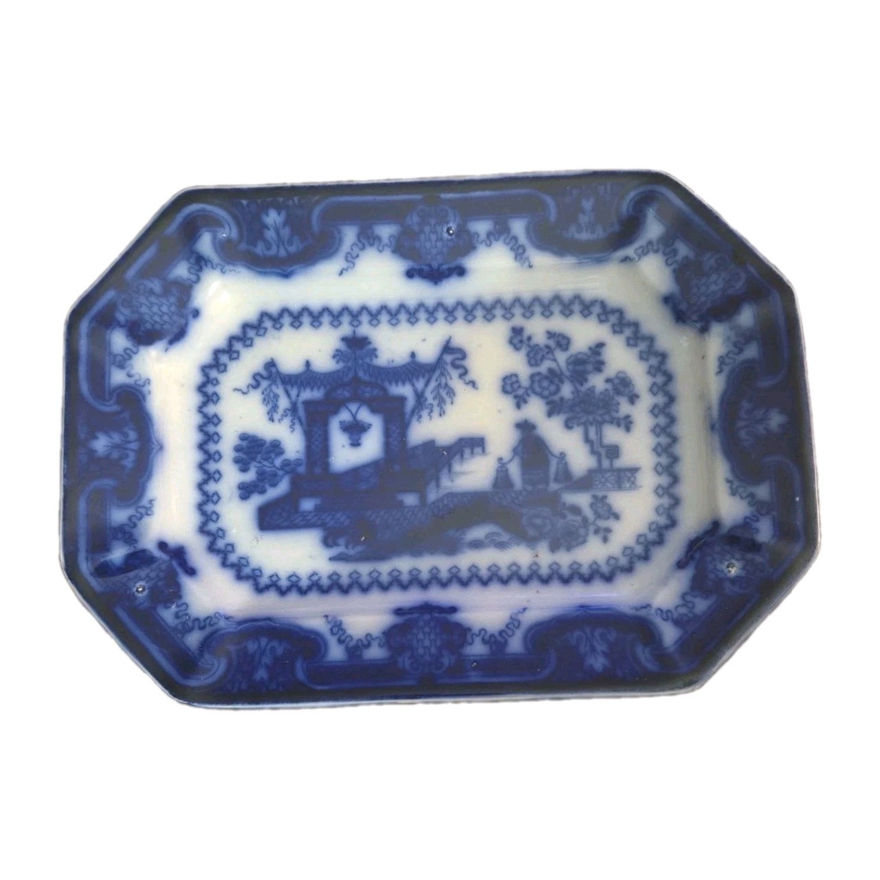 Antique, T J & J Mayer Flow Blue Hexagon Platter, Oregon 10″x7.5″