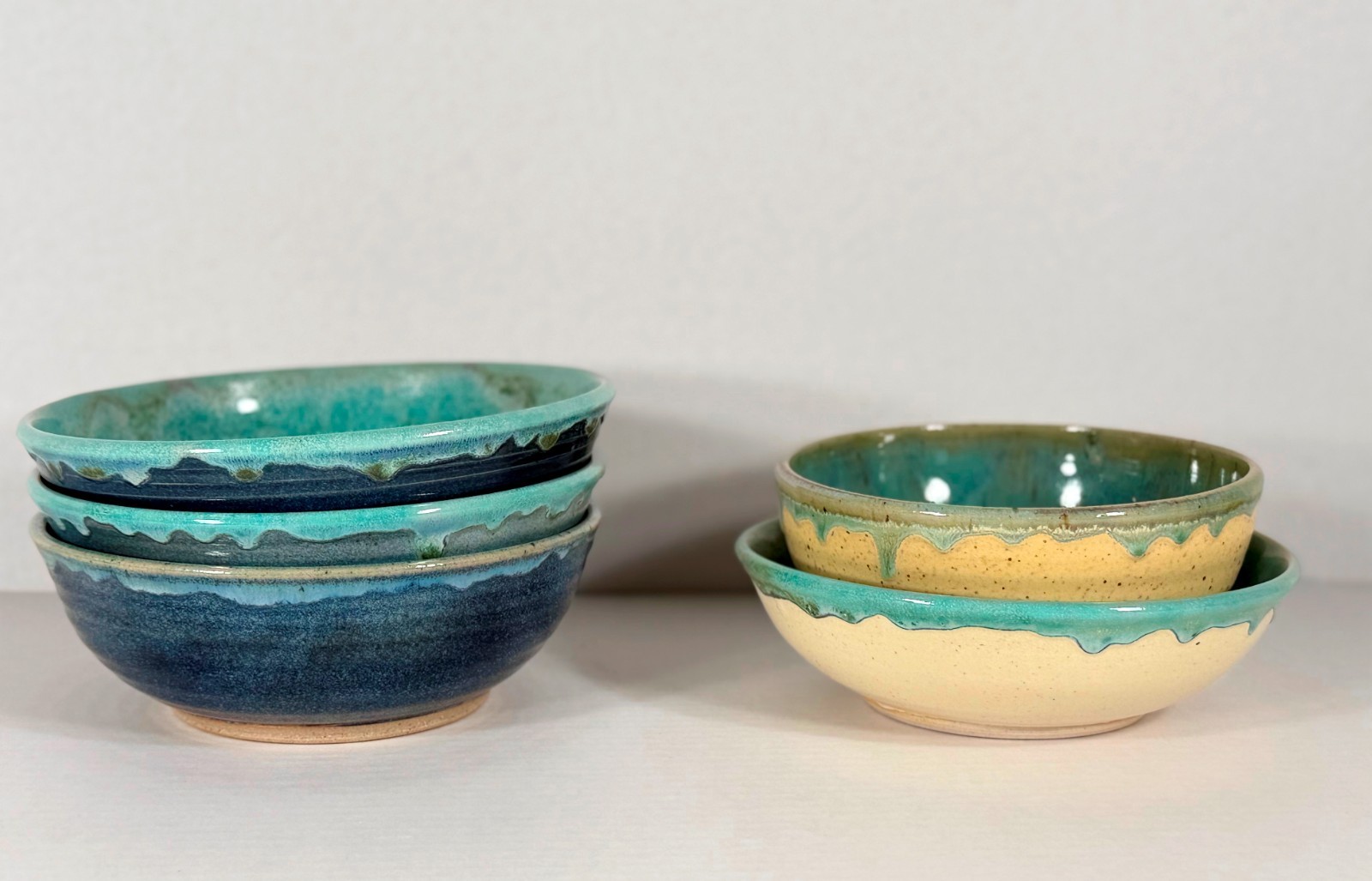 Set 5 Handmade Studio Pottery Bowls Signed D Blue Green Drip Glaze Stoneware