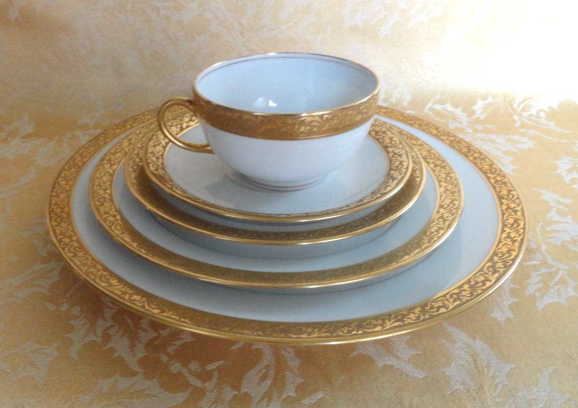 5Pcs Antique Limoges Jean Pouyat J.P.L. Gold Encrusted Dinner Place Setting