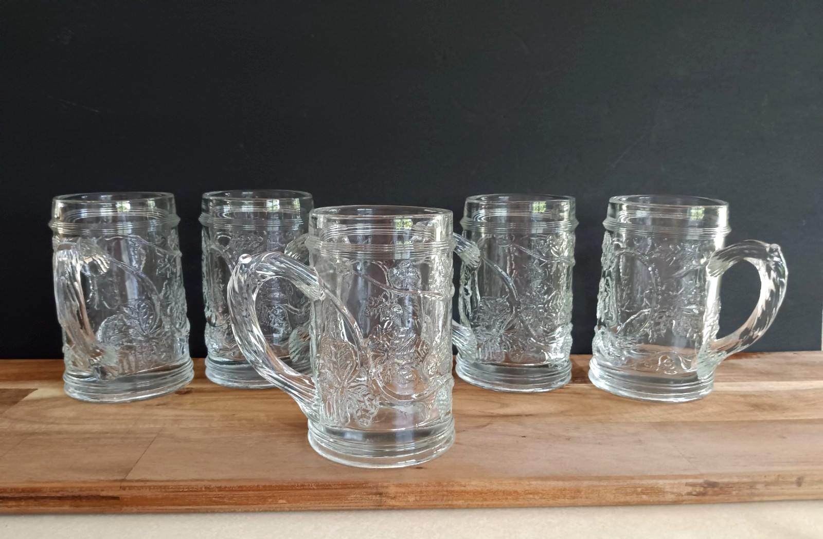 Vintage Grapevine Pressed Glass Beer Mugs Set of 5 Clear Heavy Glass Steins