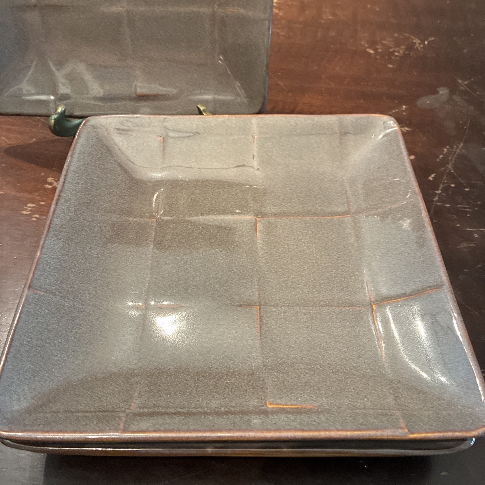 4-Pier 1 Dark Gray Cubic Incised Lines Square Salad/Dessert Plates 8”x8”