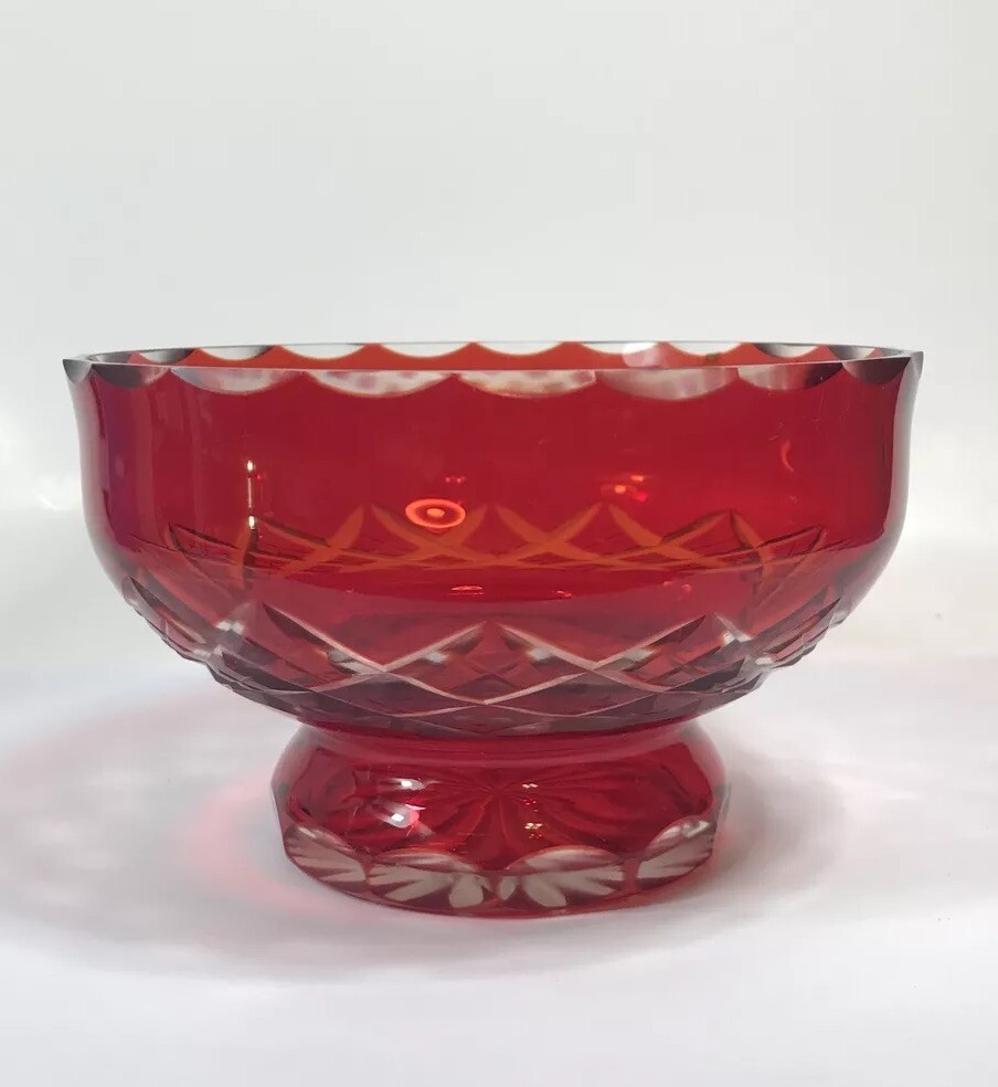 Ruby Red Cut To Clear Glass Footed Bowl Vase Decor 5.25 In Wide Vintage E25
