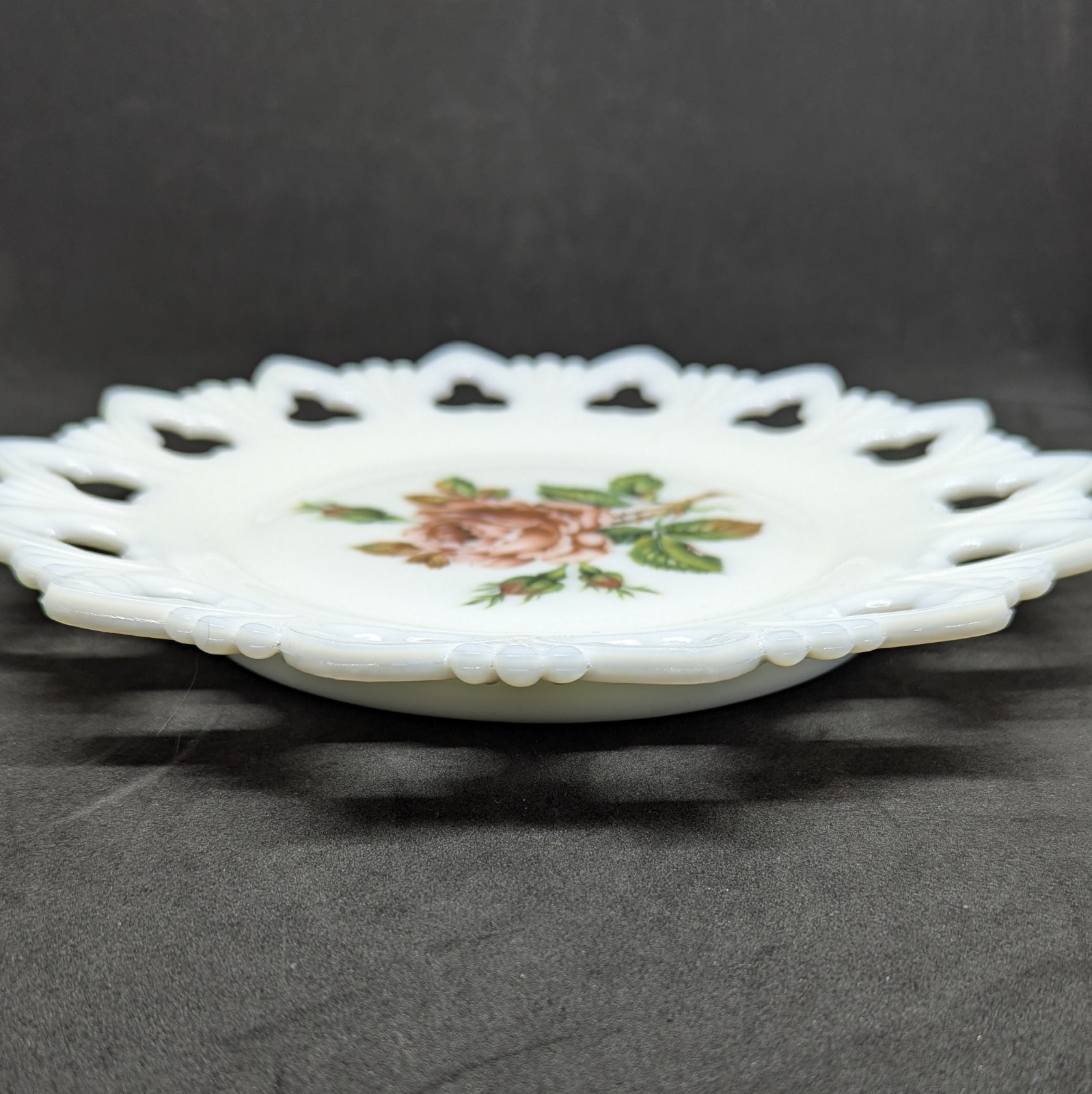 Vintage Laced Edge Milk Glass Plate Pierced Rose Flower Home Decor Dish Cottage