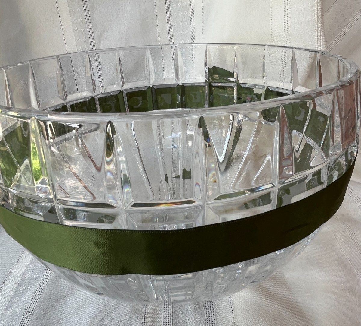 MARQUIS by WATERFORD QUADRATA CRYSTAL 7″ BOWL ~ GREEN RIBBON ATTACHED ~ SIGNED