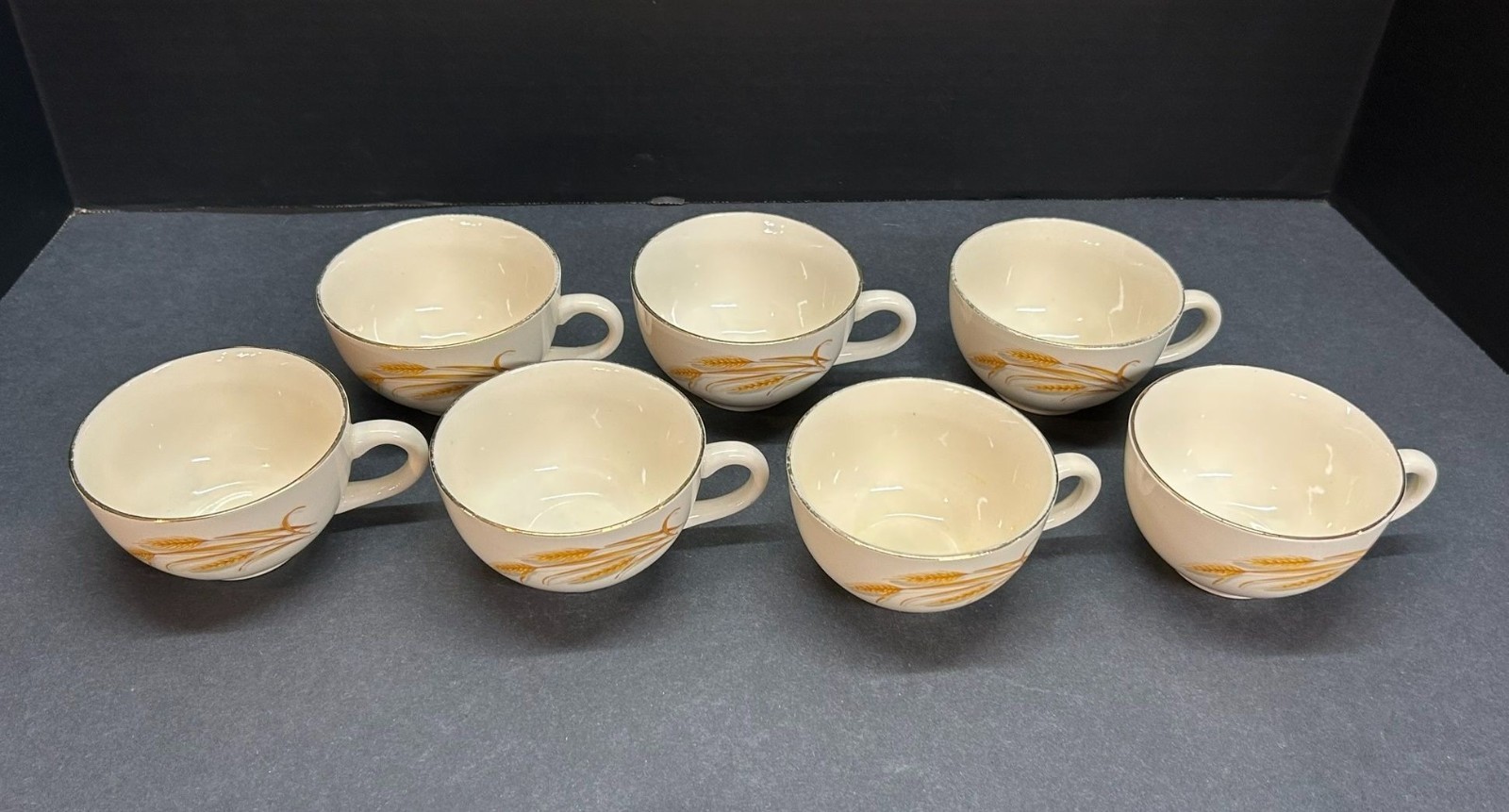 Vintage Homer Laughlin Golden Wheat Tea Coffee Cups 22K Gold Trim Set of 7
